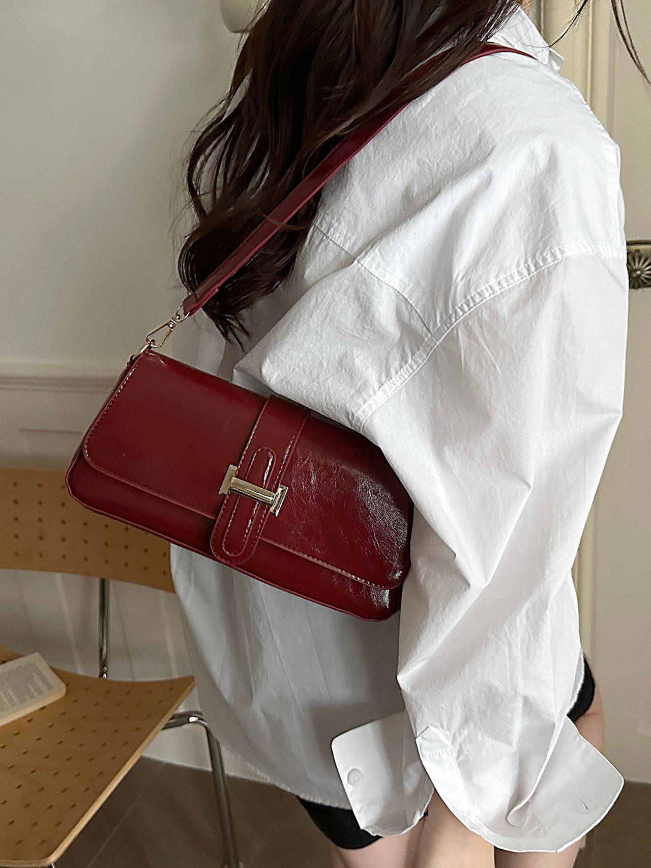 Burgundy Patent Flap Shoulder Bag