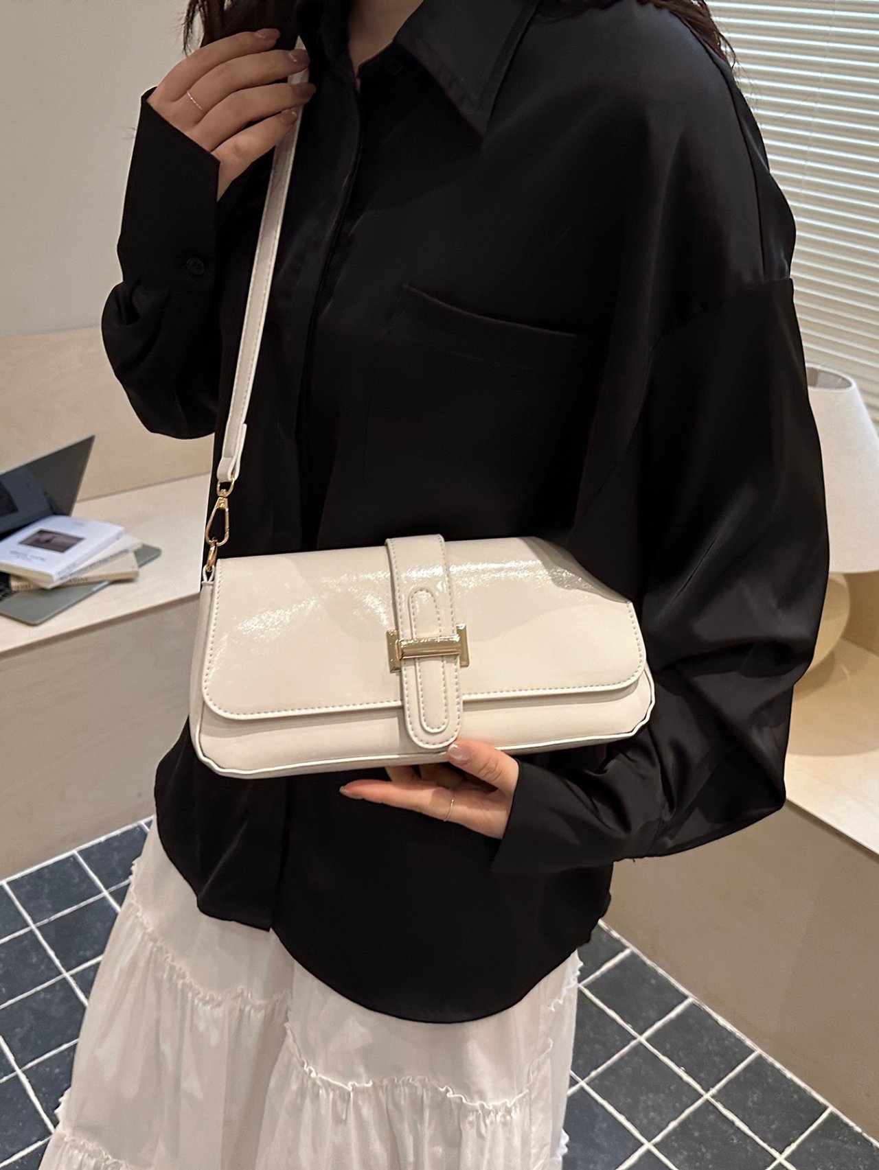 White Patent Crossbody Bag with Gold Buckle