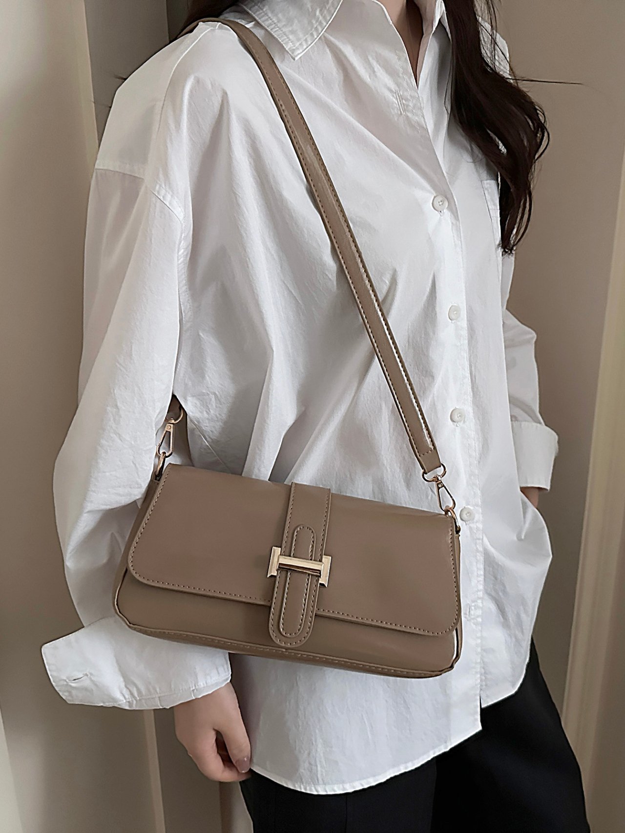 Tan Solid Flap Crossbody Bag with Buckle