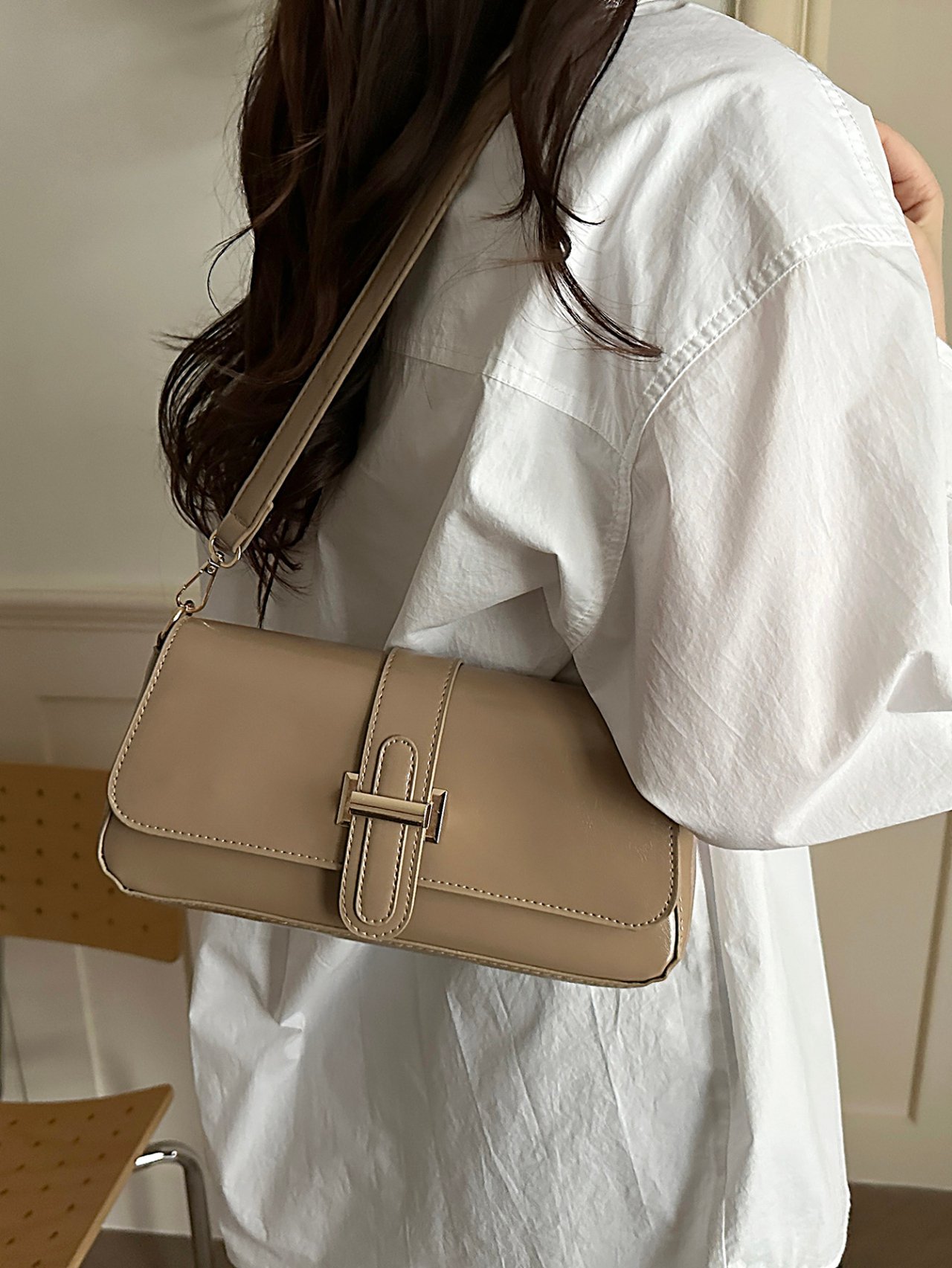 Tan Solid Flap Crossbody Bag with Buckle