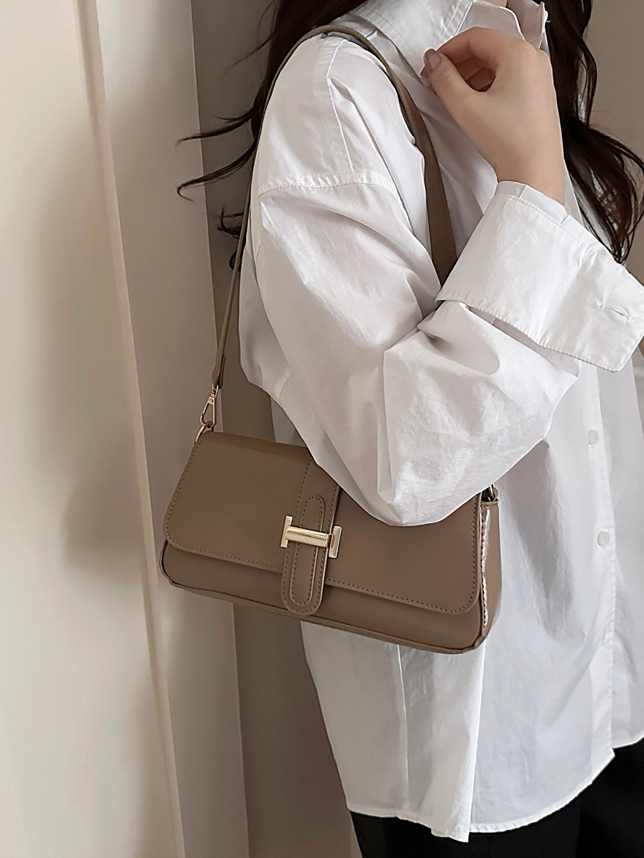 Tan Solid Flap Crossbody Bag with Buckle