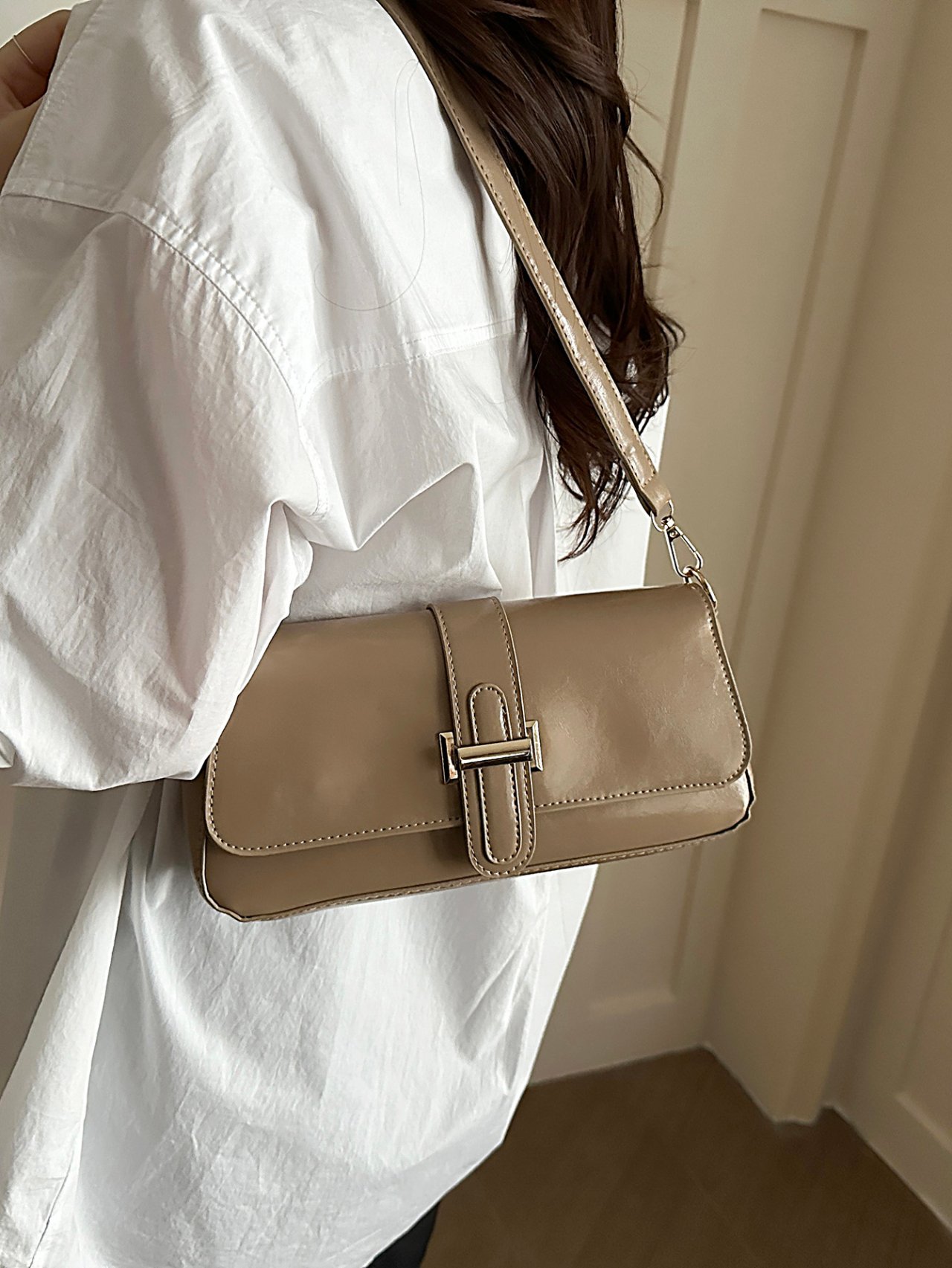 Tan Solid Flap Crossbody Bag with Buckle