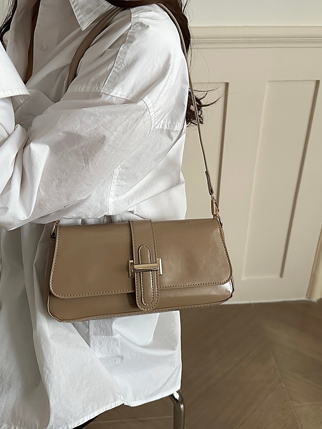 Tan Solid Flap Crossbody Bag with Buckle