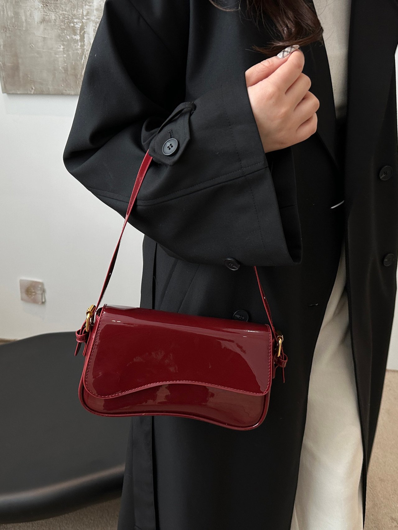 Burgundy Patent Faux Leather Shoulder Bag