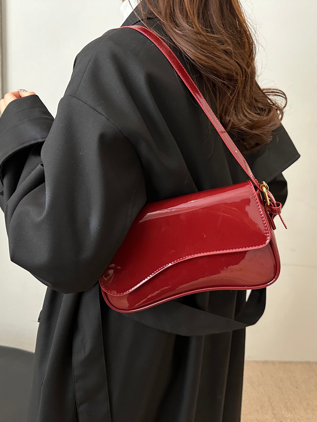 Burgundy Patent Faux Leather Shoulder Bag
