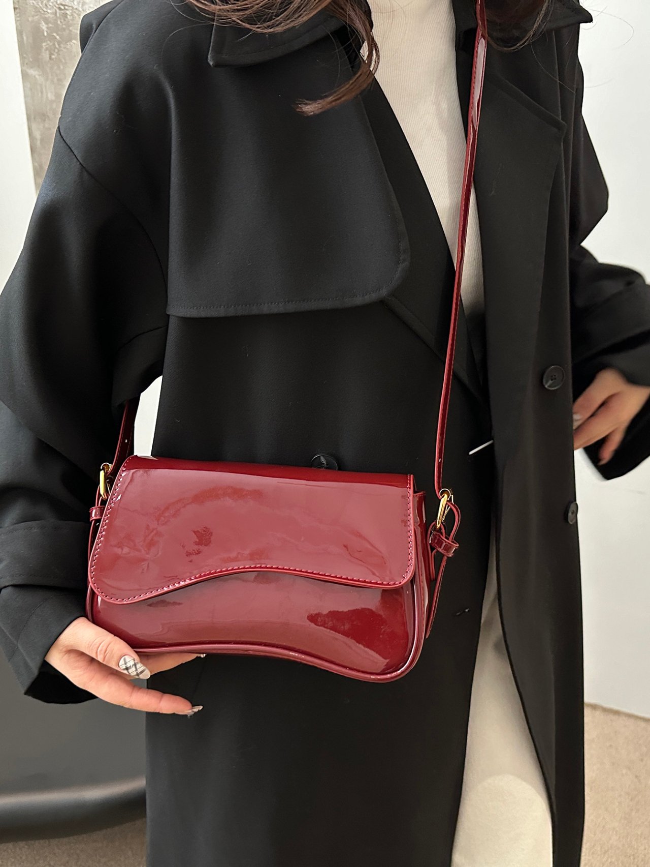 Burgundy Patent Faux Leather Shoulder Bag