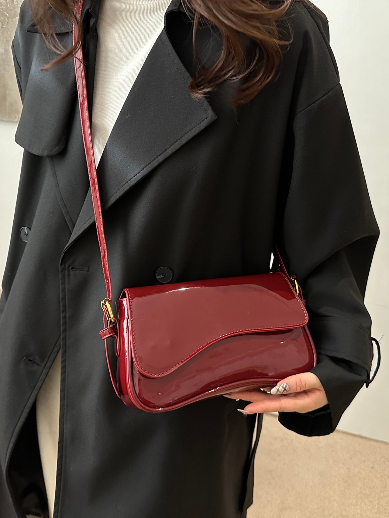 Burgundy Patent Faux Leather Shoulder Bag
