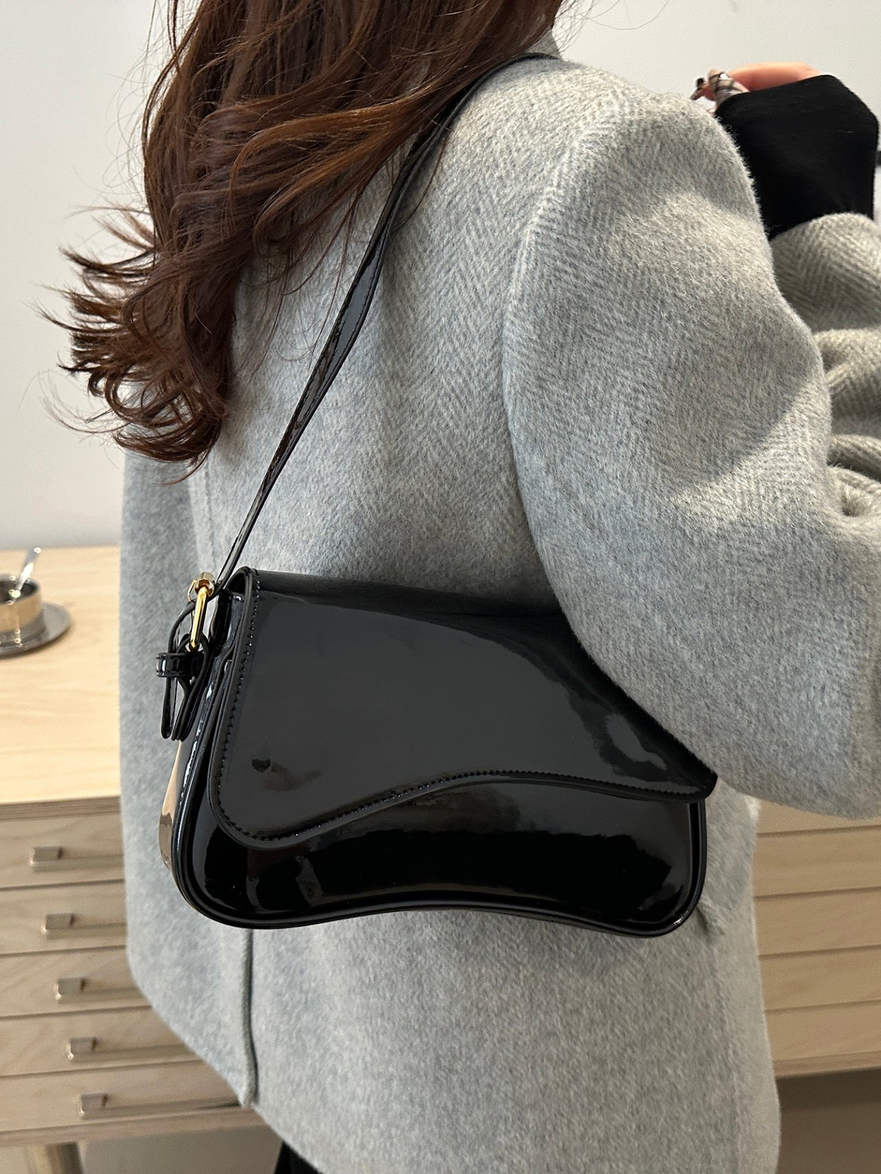Black Patent Faux Leather Shoulder Bag
