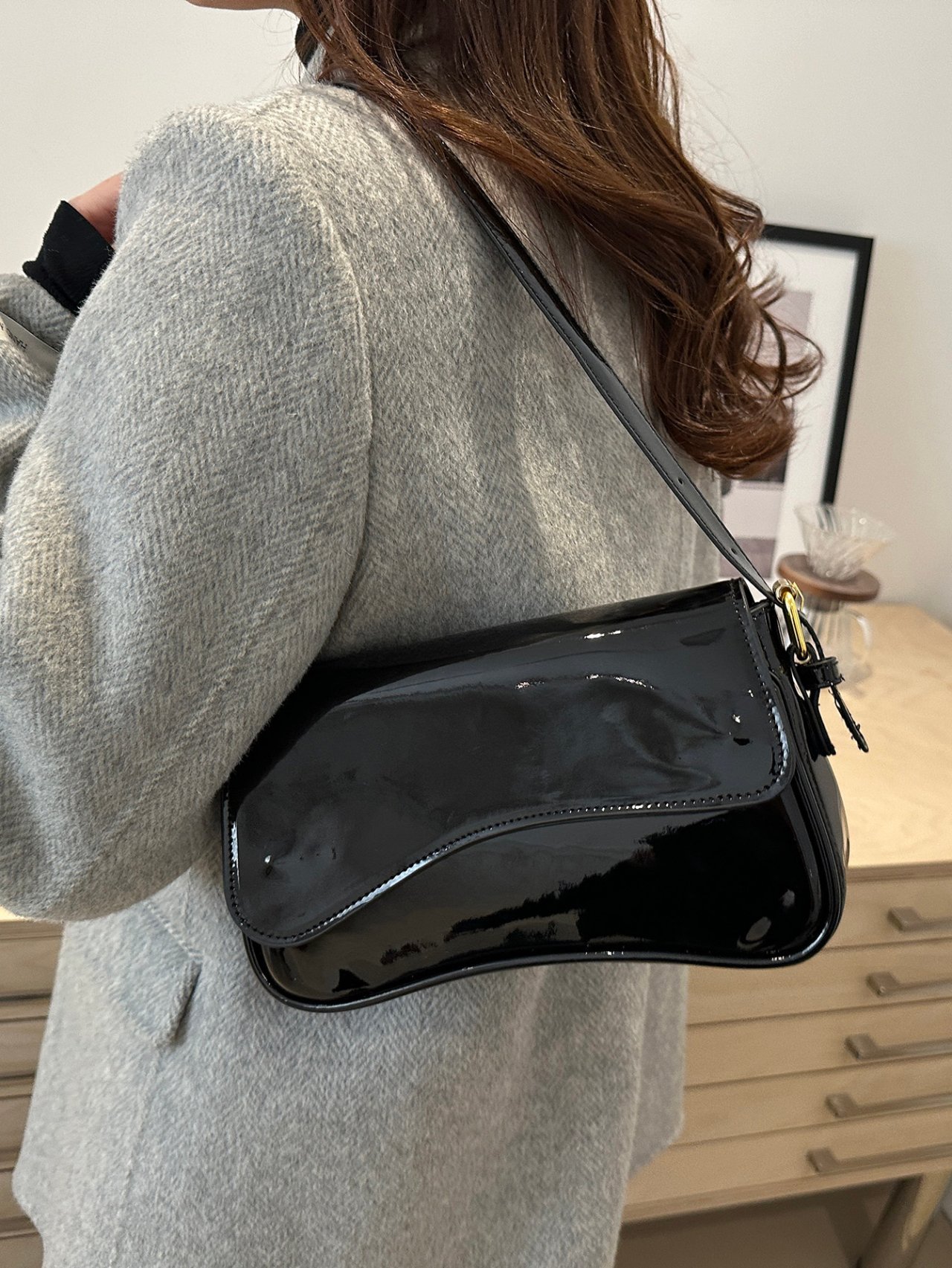 Black Patent Faux Leather Shoulder Bag