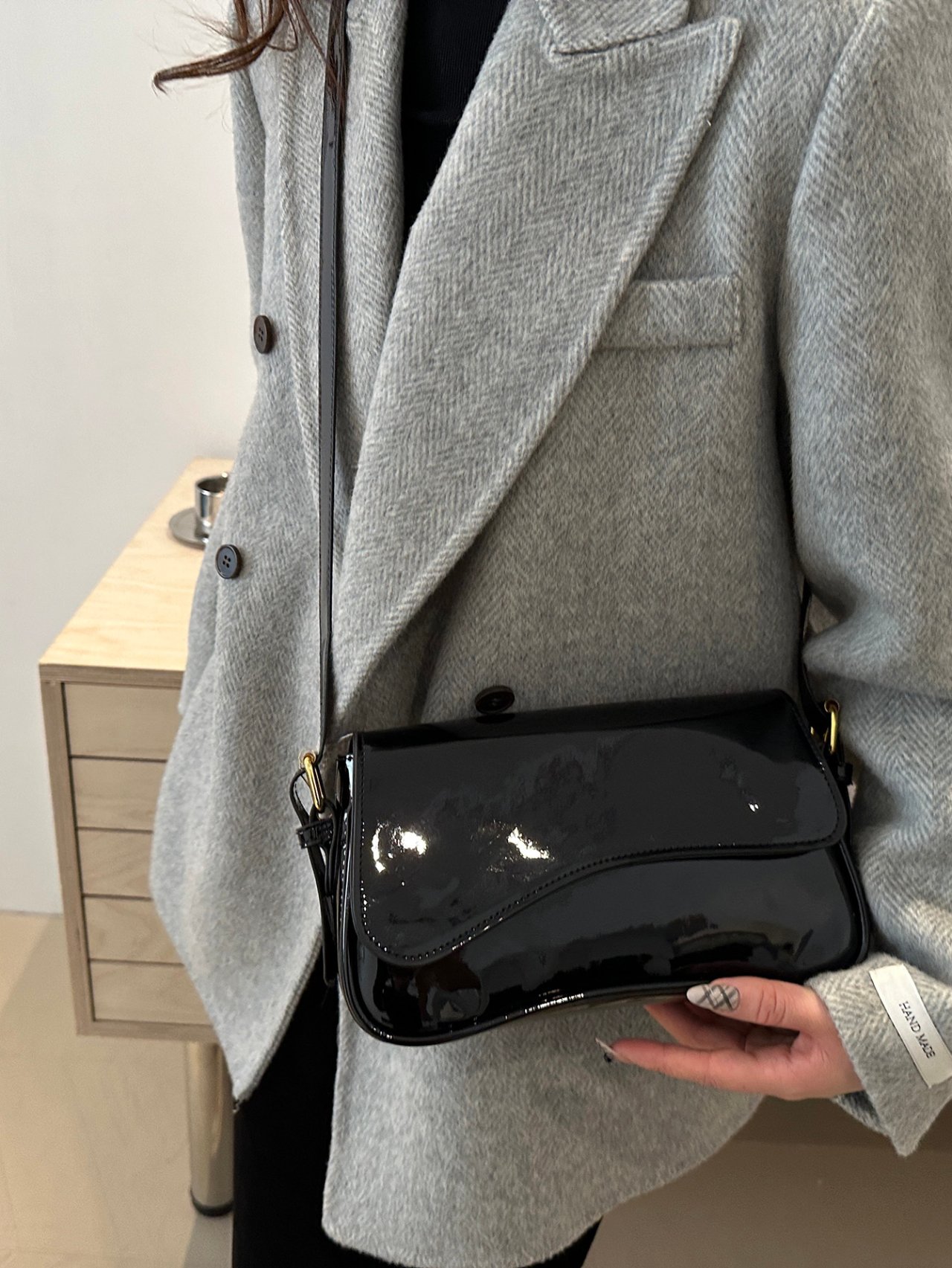 Black Patent Faux Leather Shoulder Bag