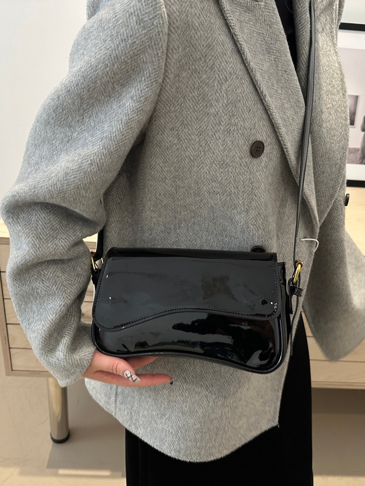 Black Patent Faux Leather Shoulder Bag