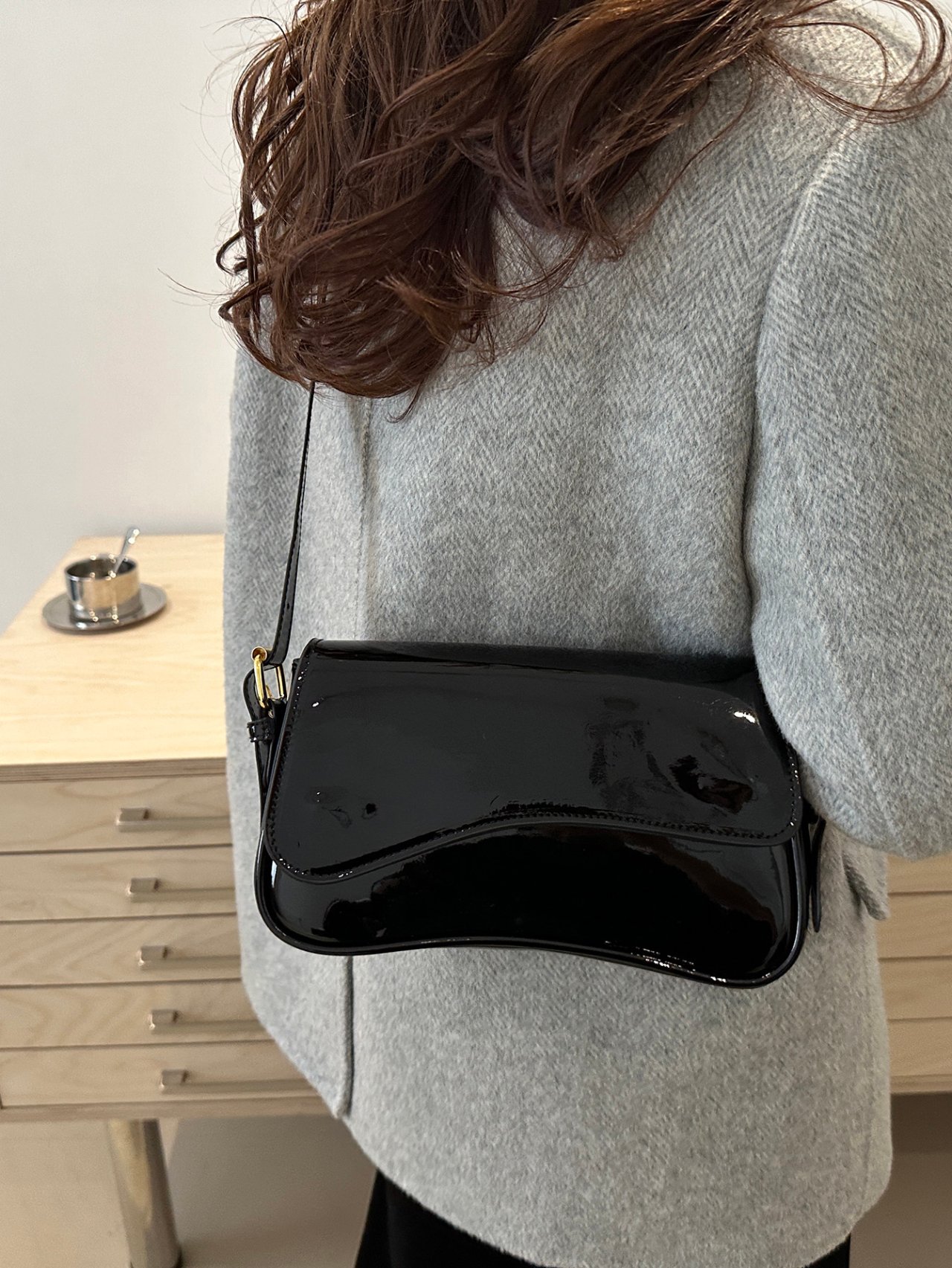 Black Patent Faux Leather Shoulder Bag