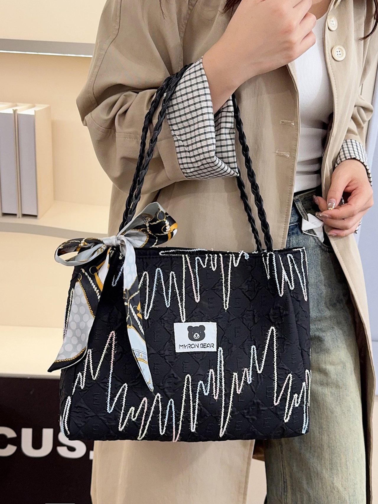 Black Shoulder Bag with Decorative Scarf