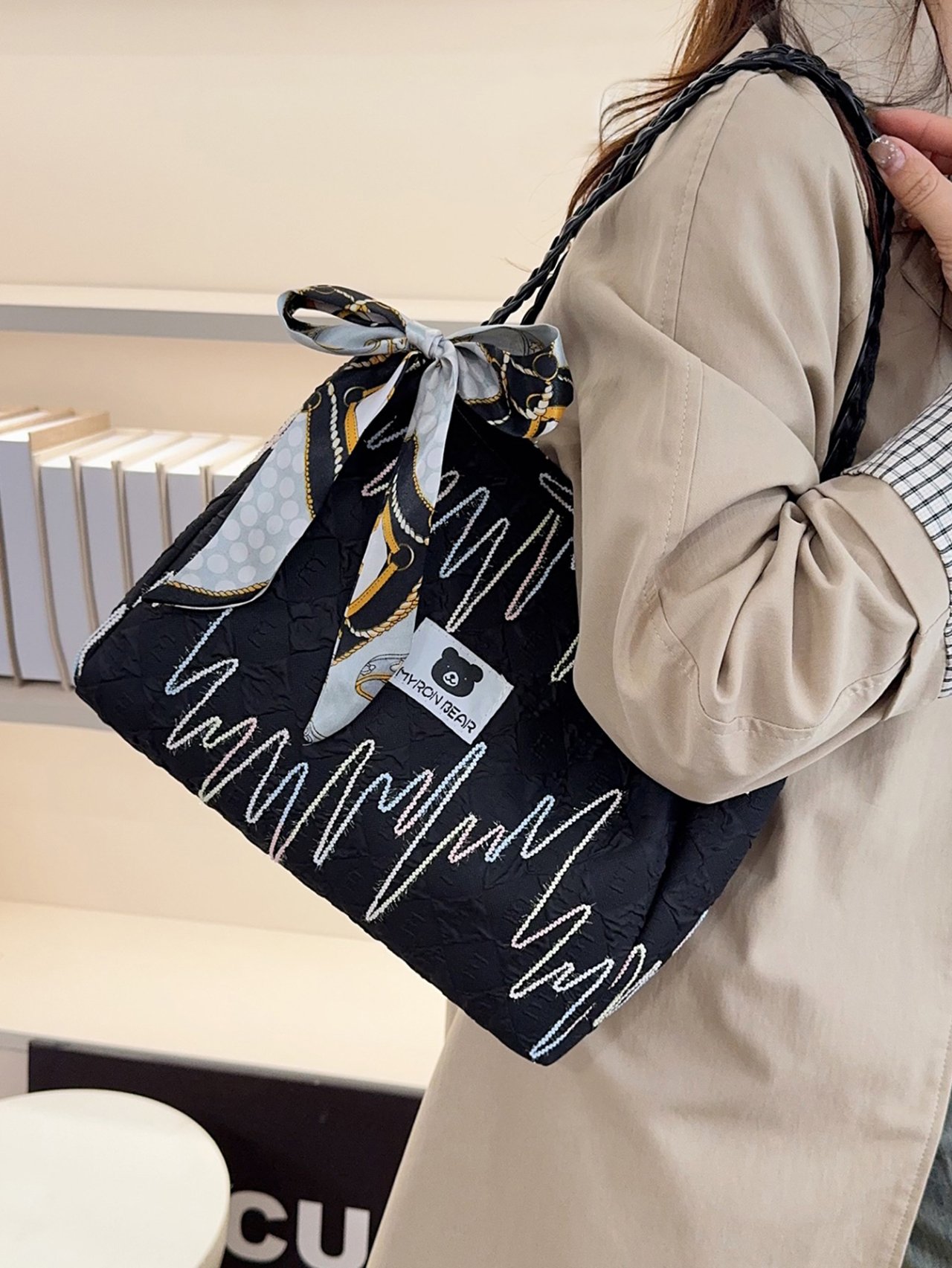 Black Shoulder Bag with Decorative Scarf