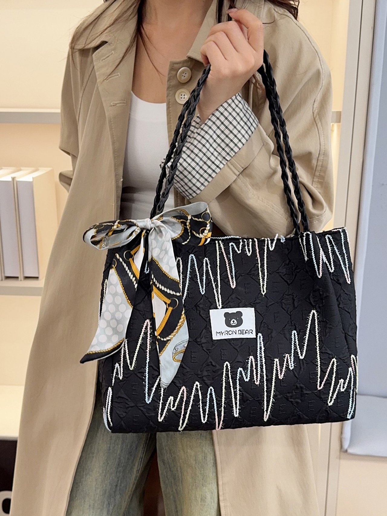 Black Shoulder Bag with Decorative Scarf