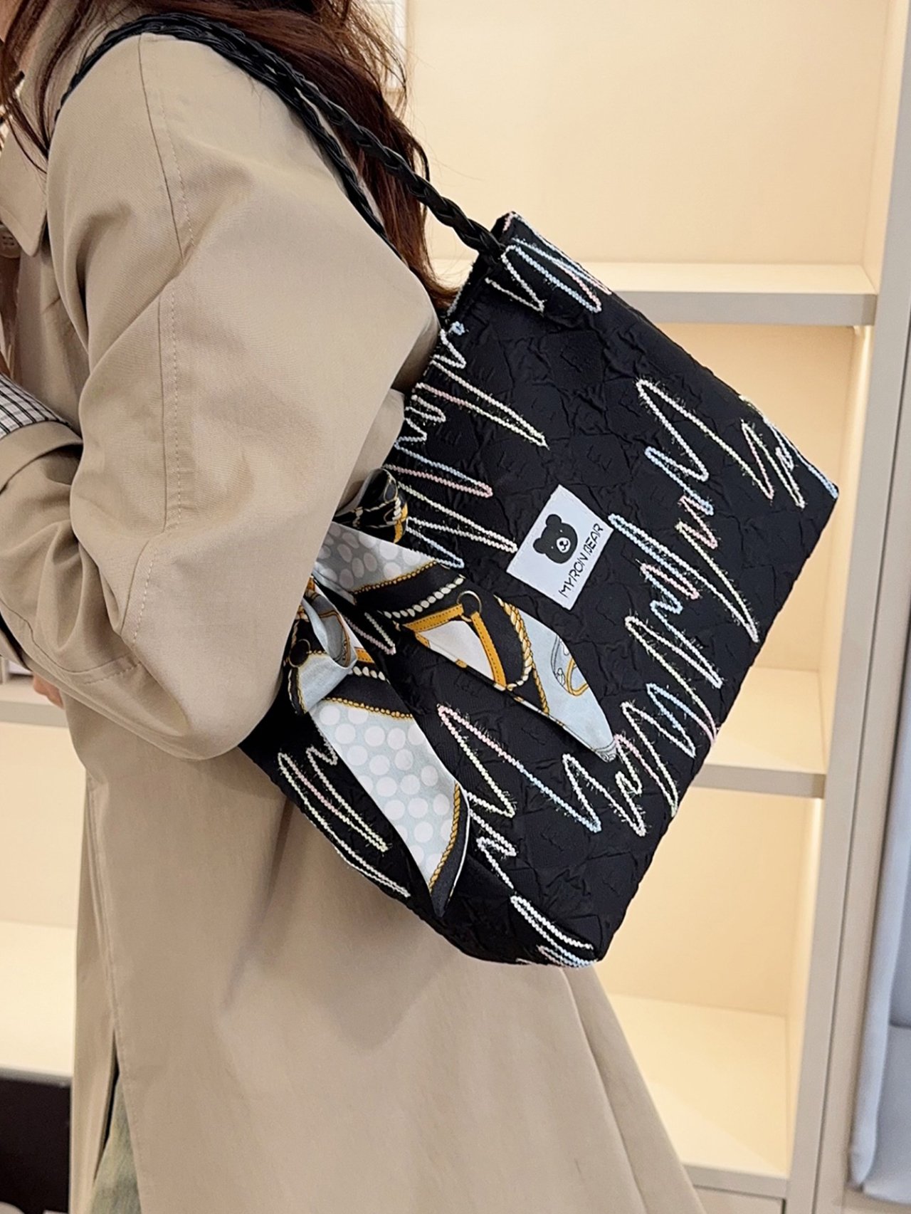 Black Shoulder Bag with Decorative Scarf