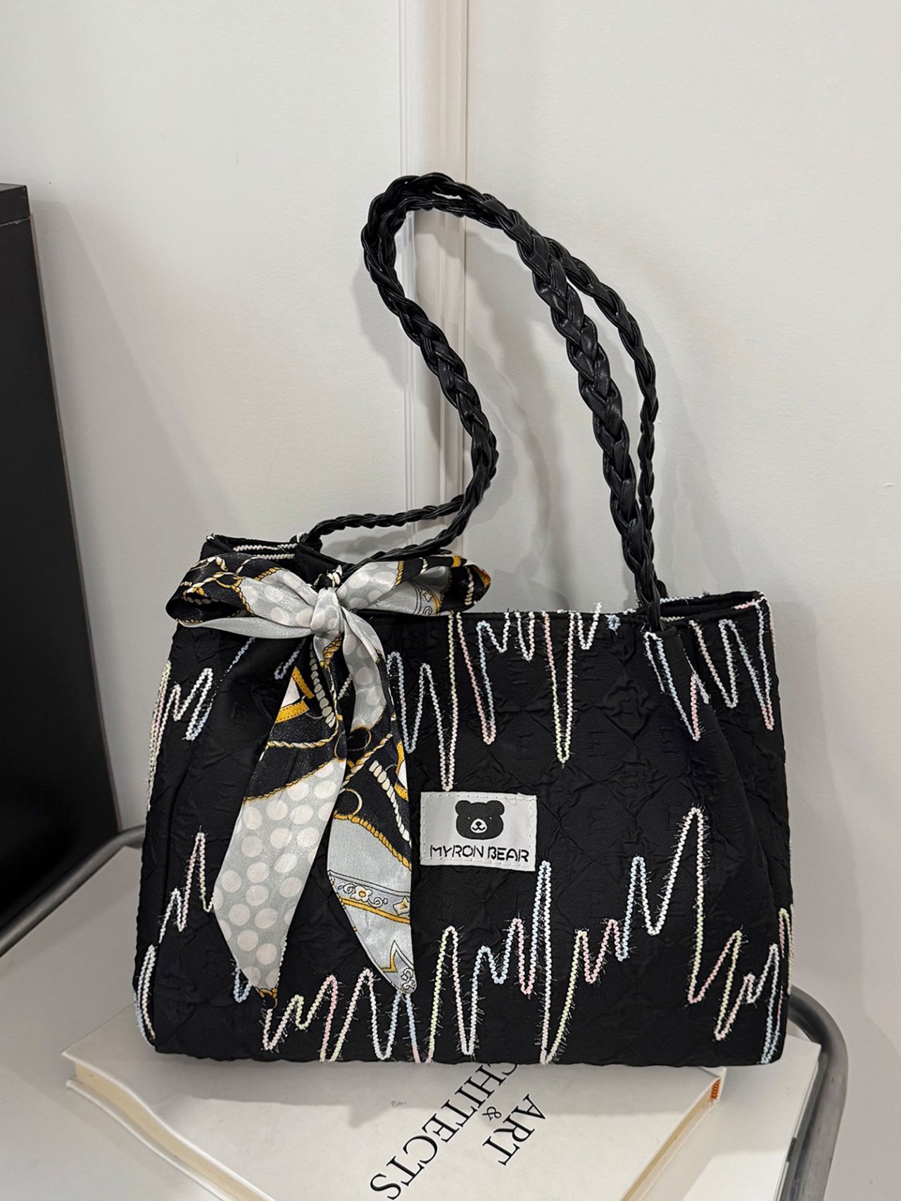 Black Shoulder Bag with Decorative Scarf