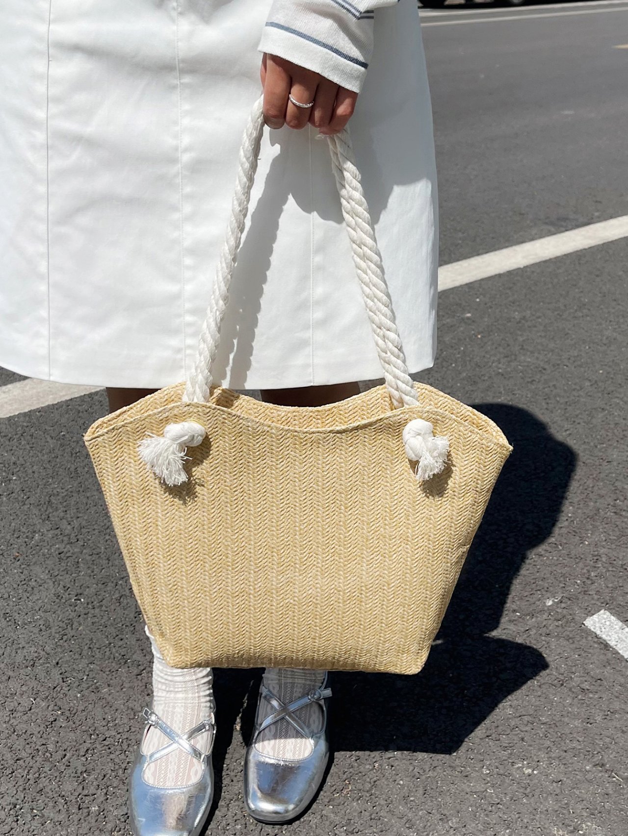 Khaki Woven Rope Handle Shoulder Bag
