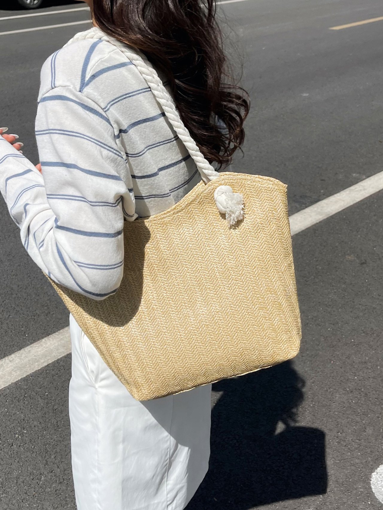 Khaki Woven Rope Handle Shoulder Bag