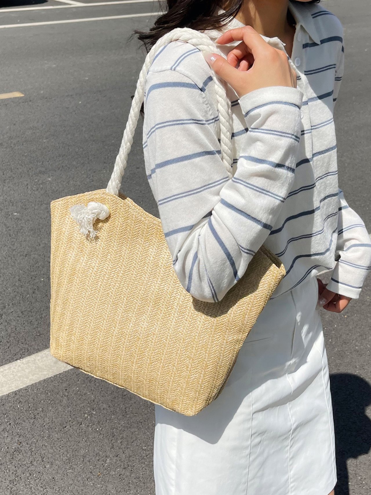 Khaki Woven Rope Handle Shoulder Bag