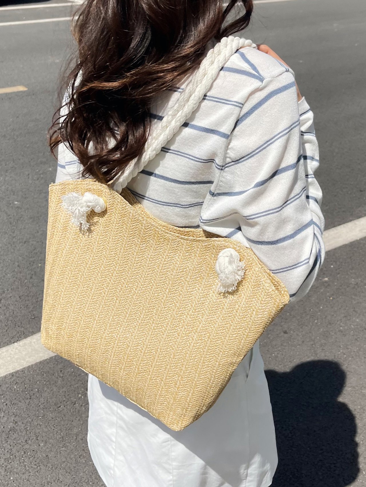 Khaki Woven Rope Handle Shoulder Bag
