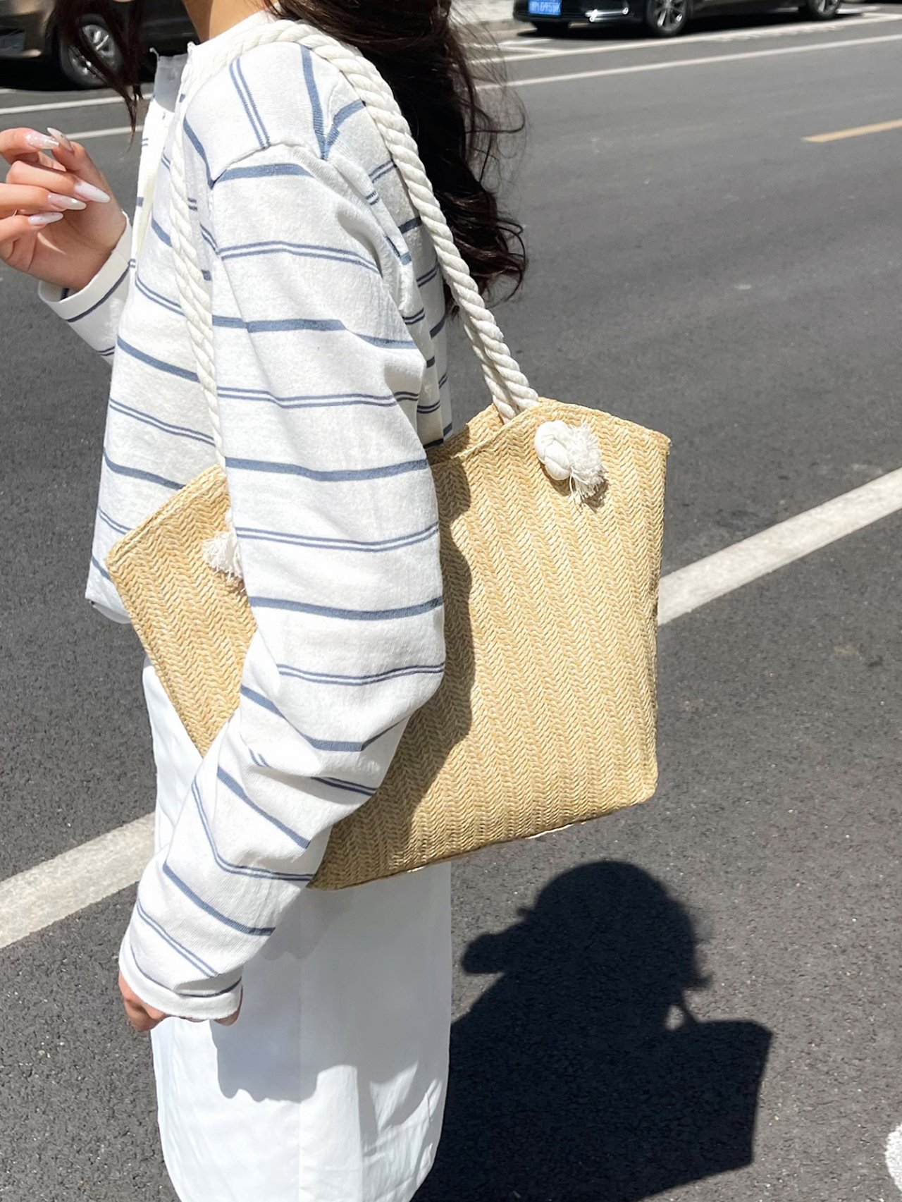 Khaki Woven Rope Handle Shoulder Bag