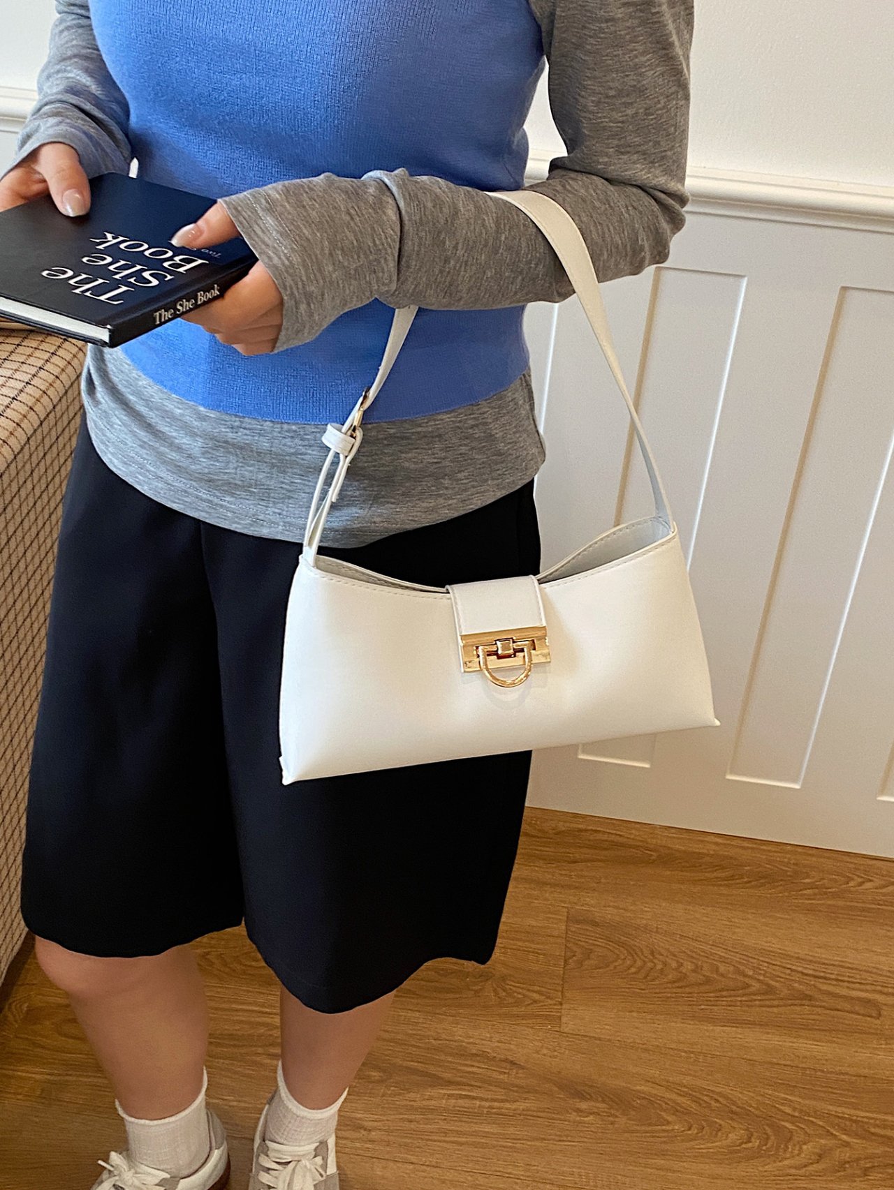 White Shoulder Bag with Gold Clasp