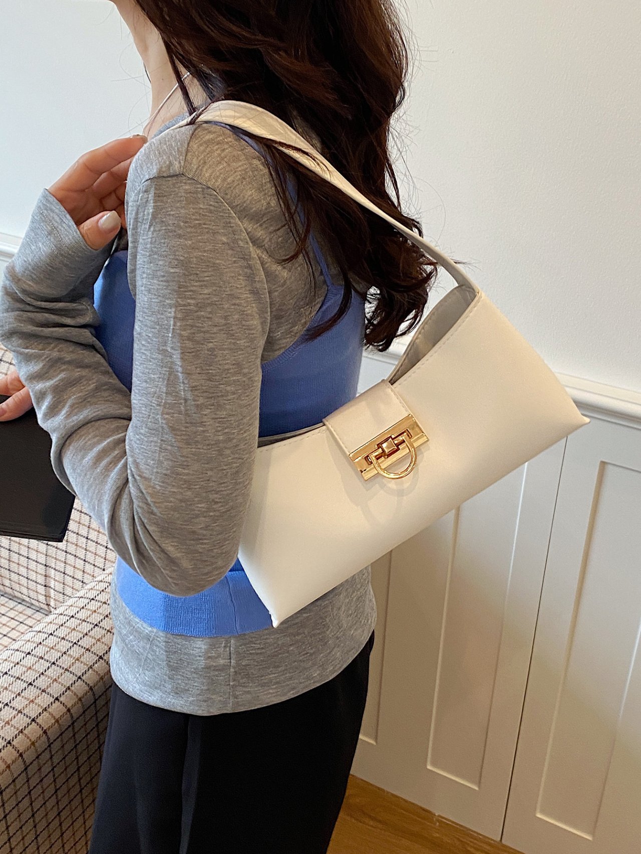 White Shoulder Bag with Gold Clasp