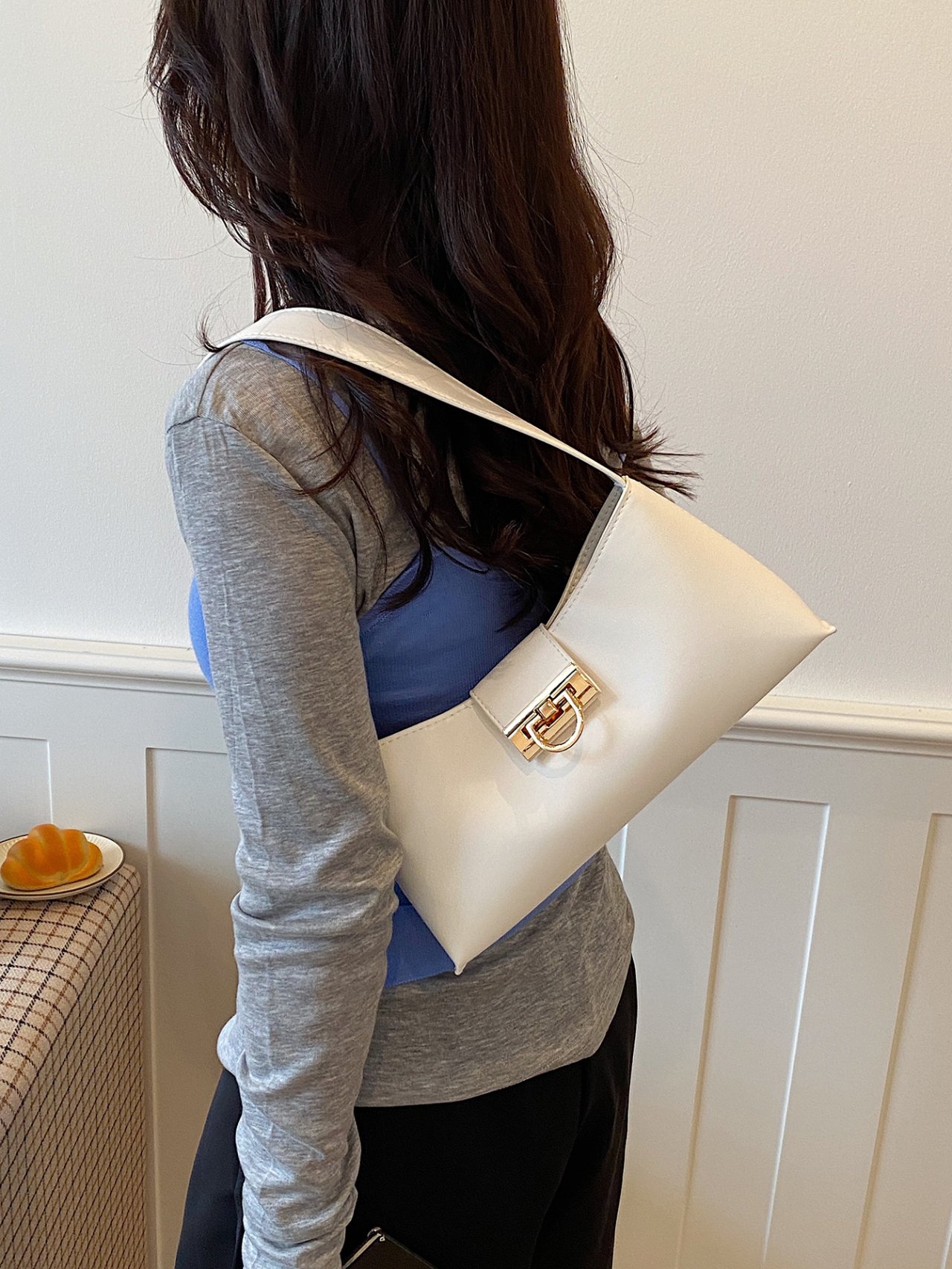 White Shoulder Bag with Gold Clasp