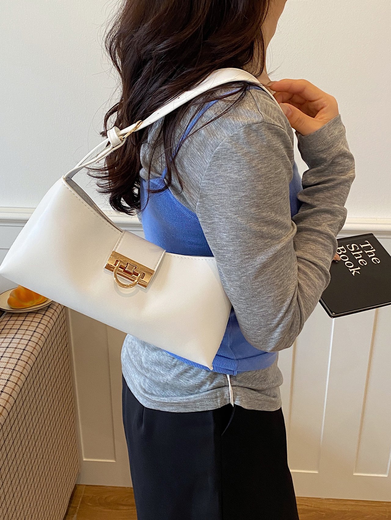 White Shoulder Bag with Gold Clasp