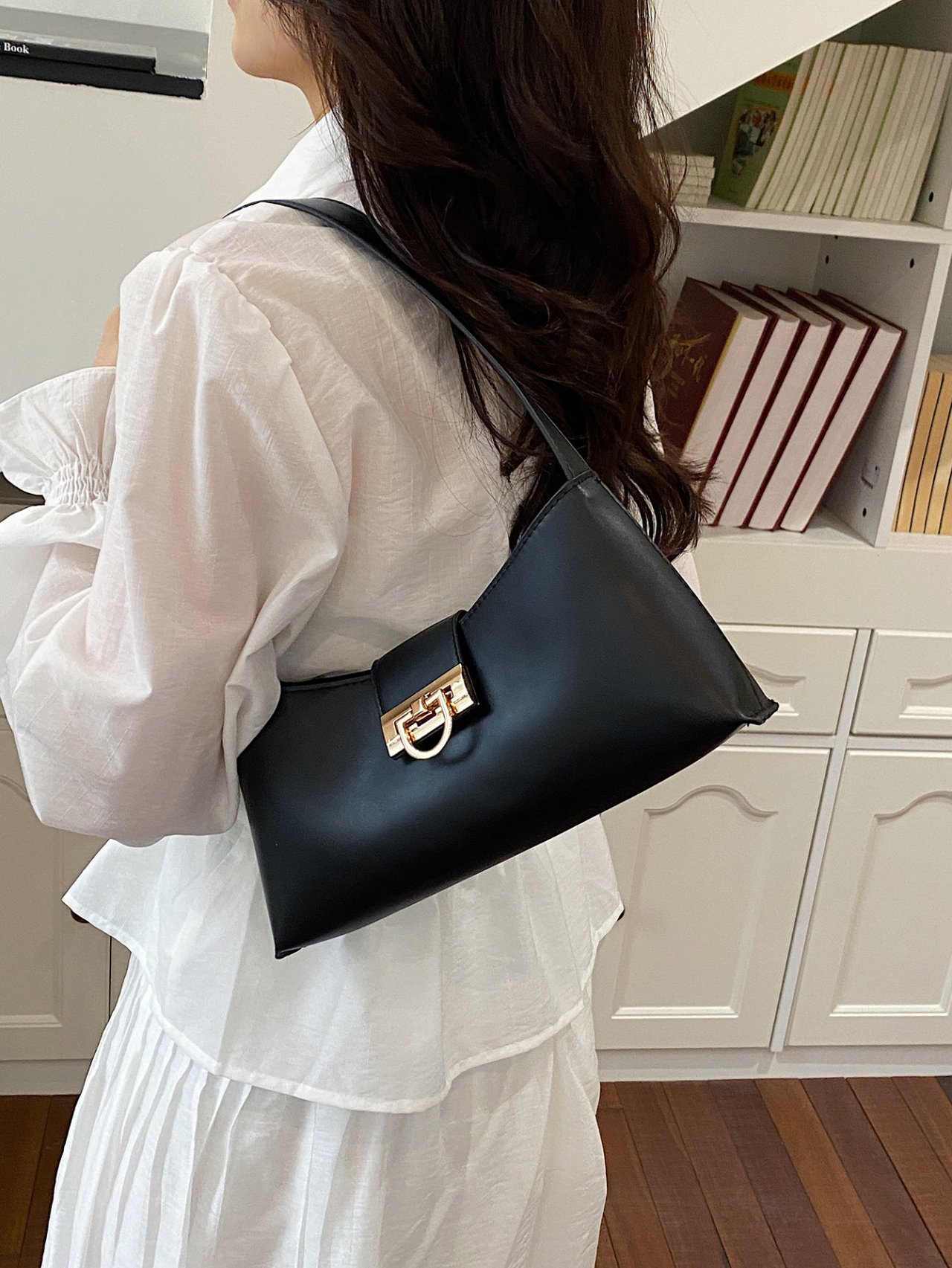Black Shoulder Bag with Gold Clasp