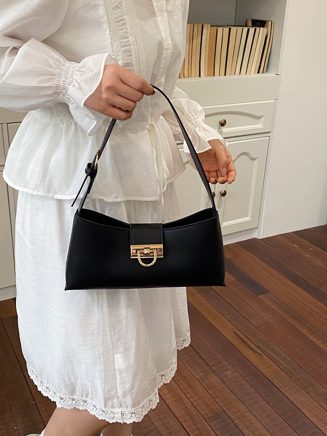 Black Shoulder Bag with Gold Clasp