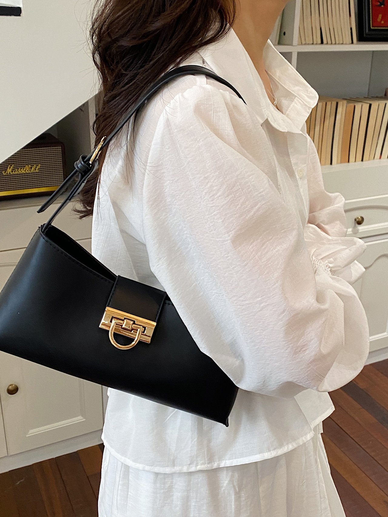 Black Shoulder Bag with Gold Clasp