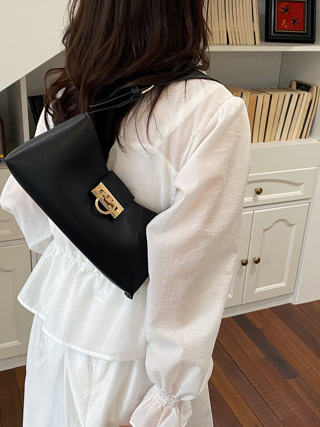 Black Shoulder Bag with Gold Clasp