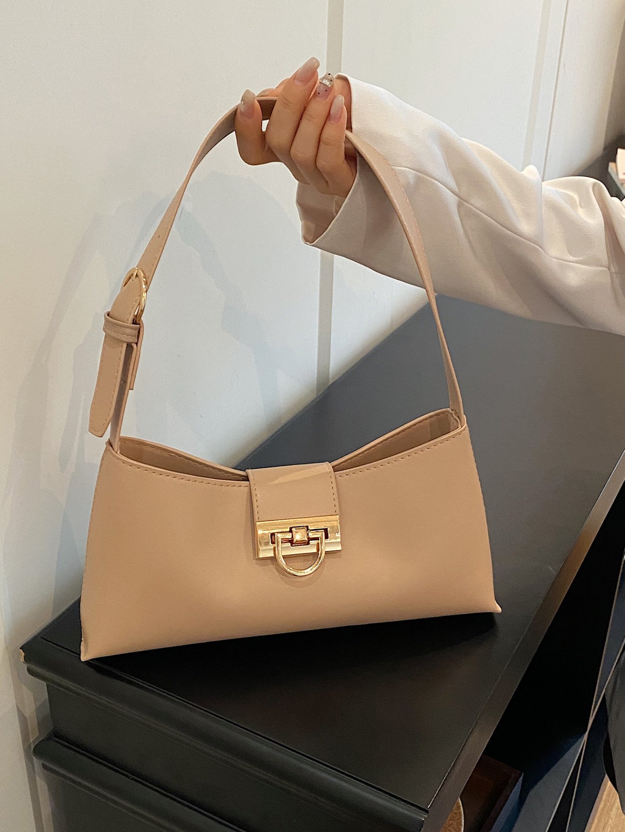 Nude Shoulder Bag with Gold Buckle