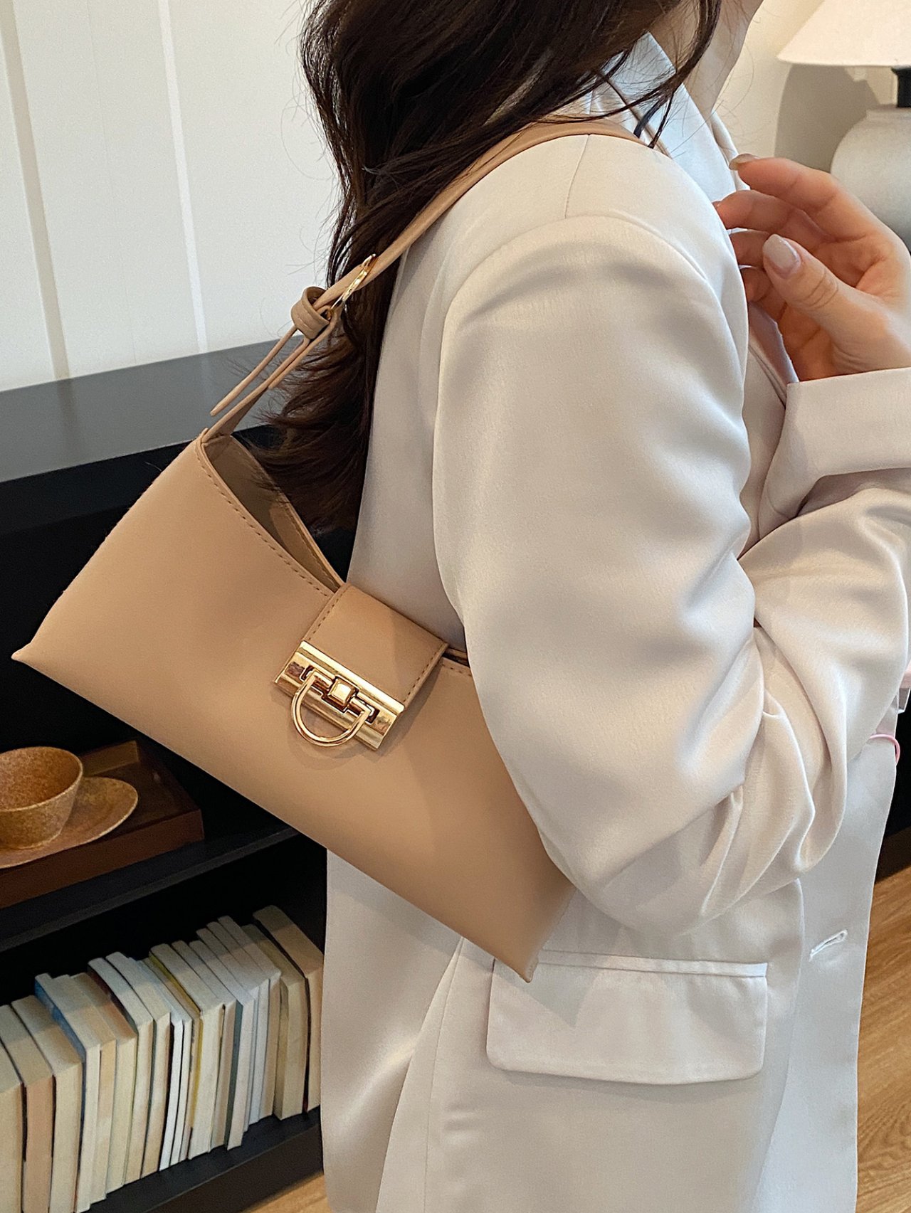 Nude Shoulder Bag with Gold Buckle
