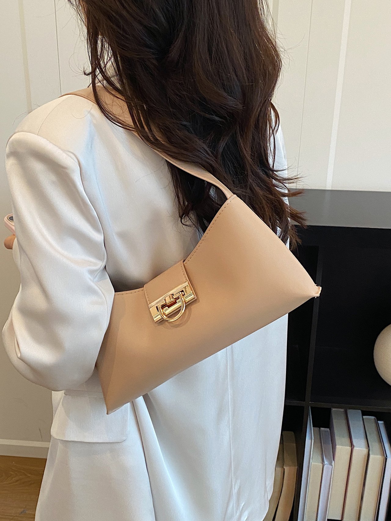 Nude Shoulder Bag with Gold Buckle