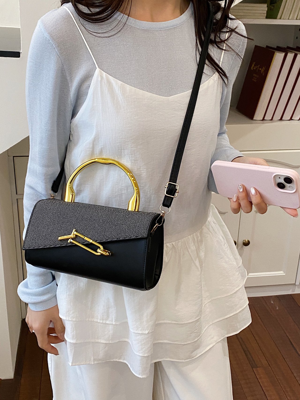 Black Crossbody Bag with Metal Clasp