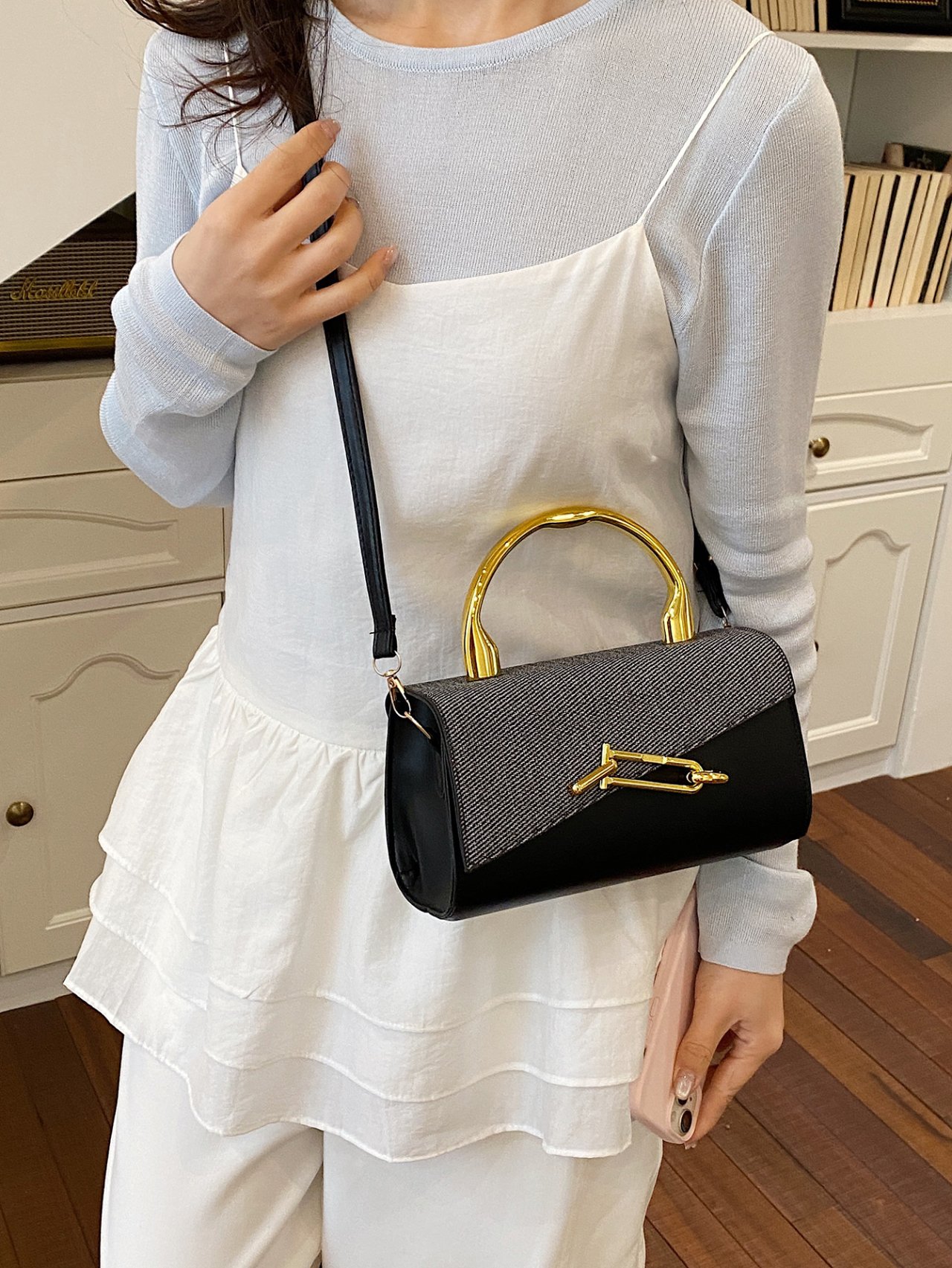 Black Crossbody Bag with Metal Clasp