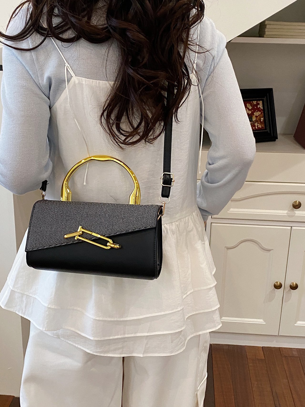 Black Crossbody Bag with Metal Clasp