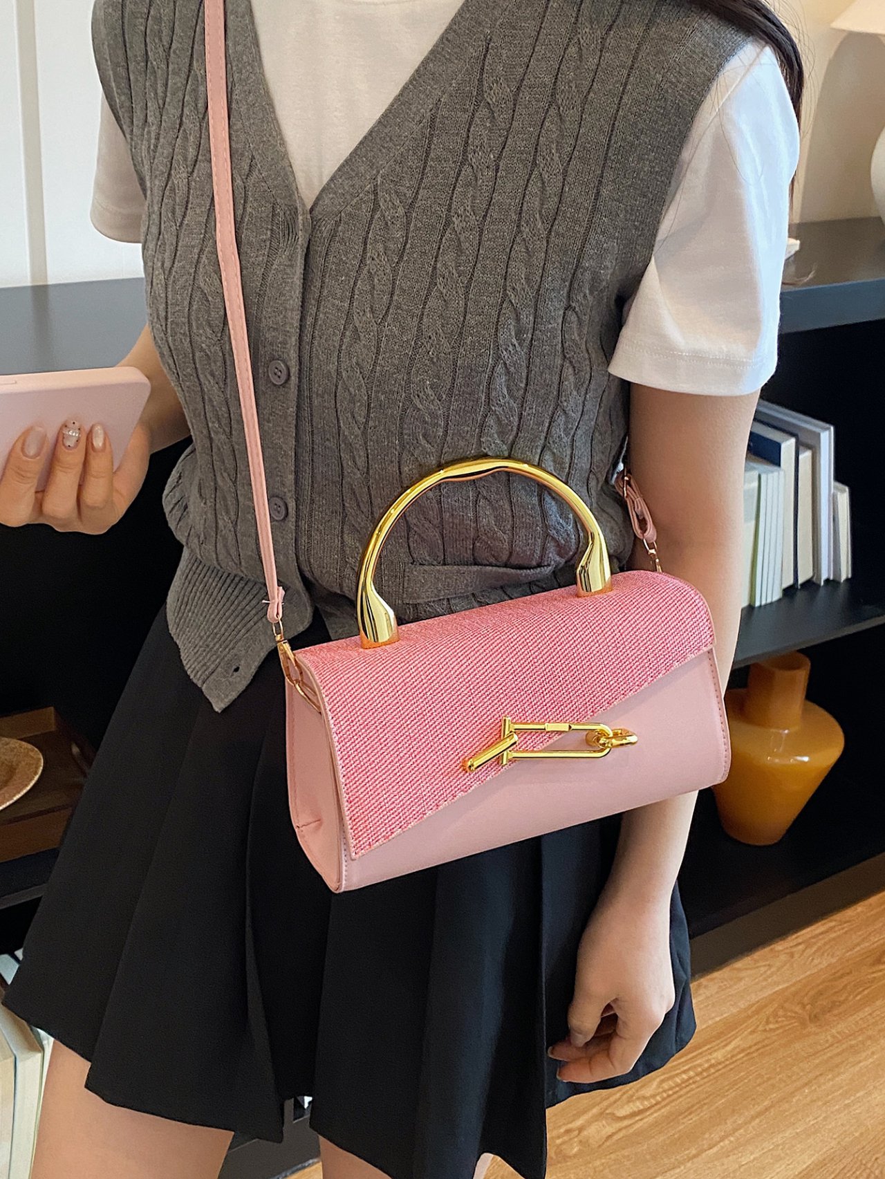 Pink Flap Crossbody Bag with Gold Handle