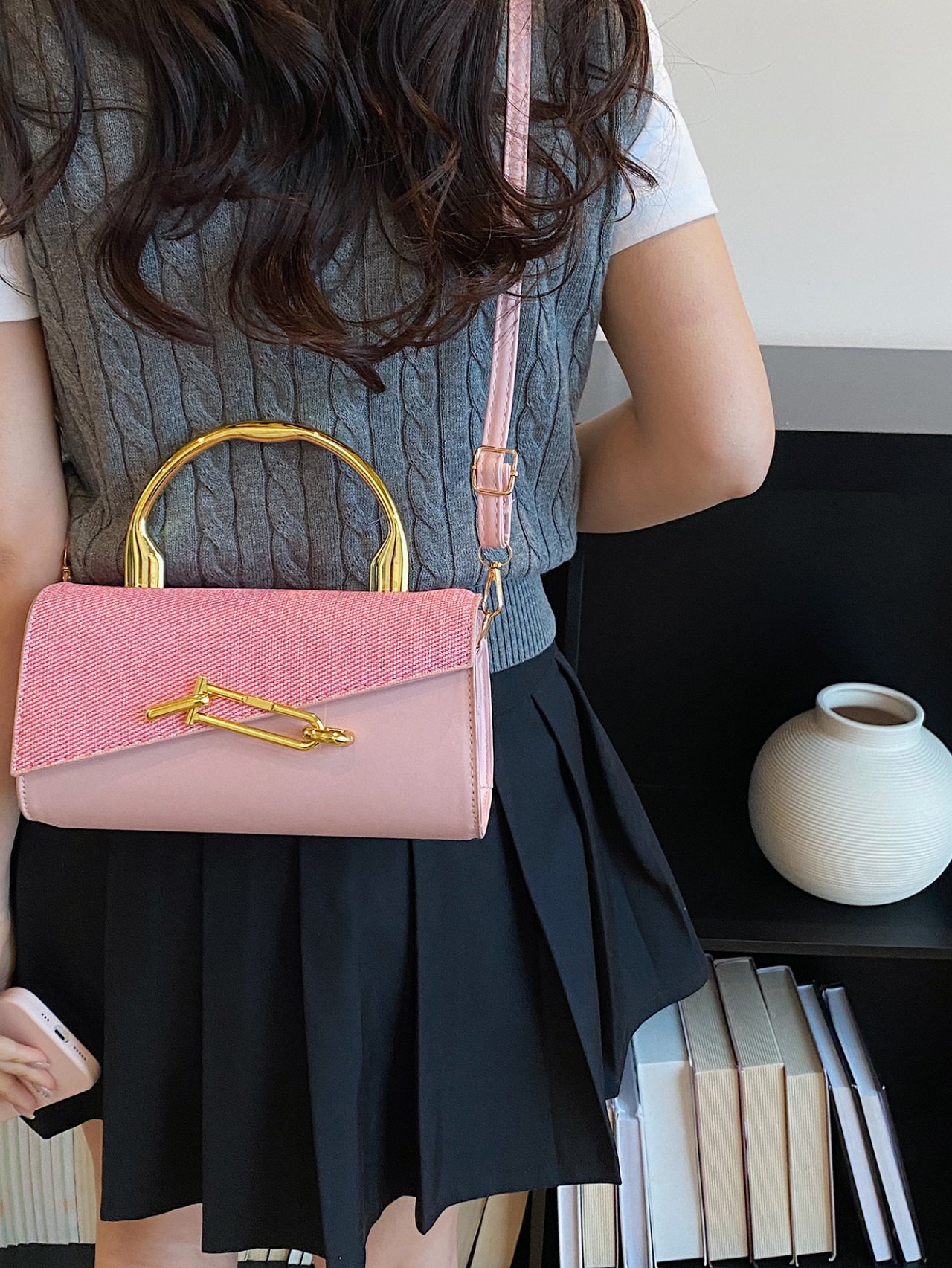 Pink Flap Crossbody Bag with Gold Handle