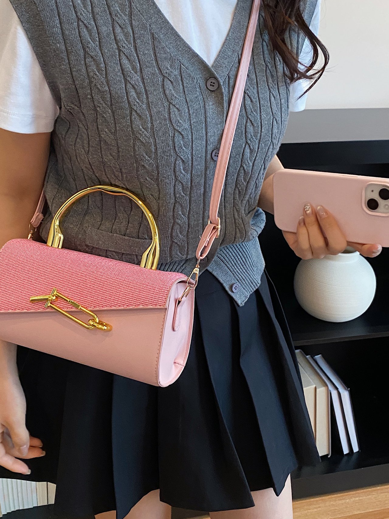 Pink Flap Crossbody Bag with Gold Handle