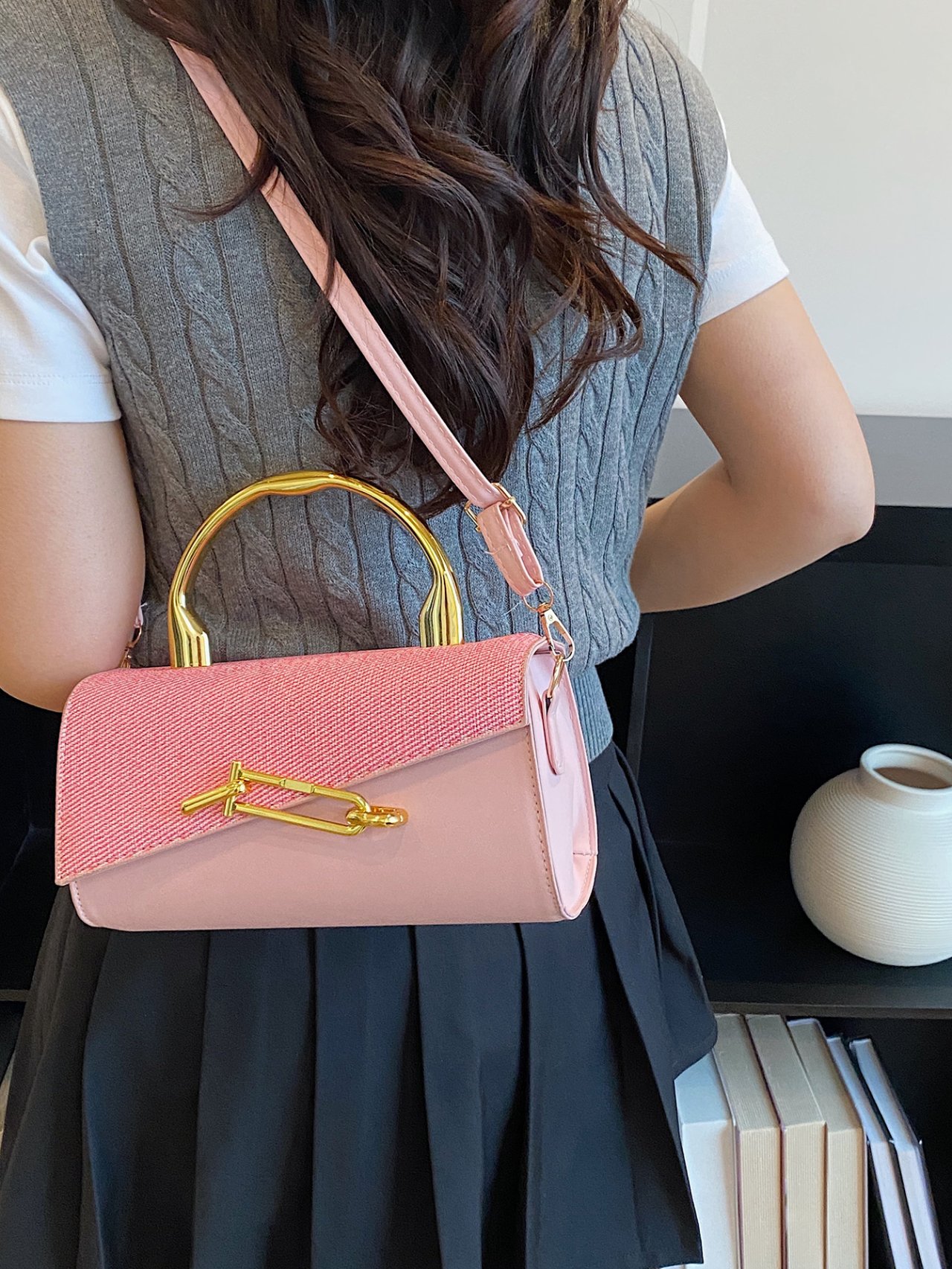 Pink Flap Crossbody Bag with Gold Handle