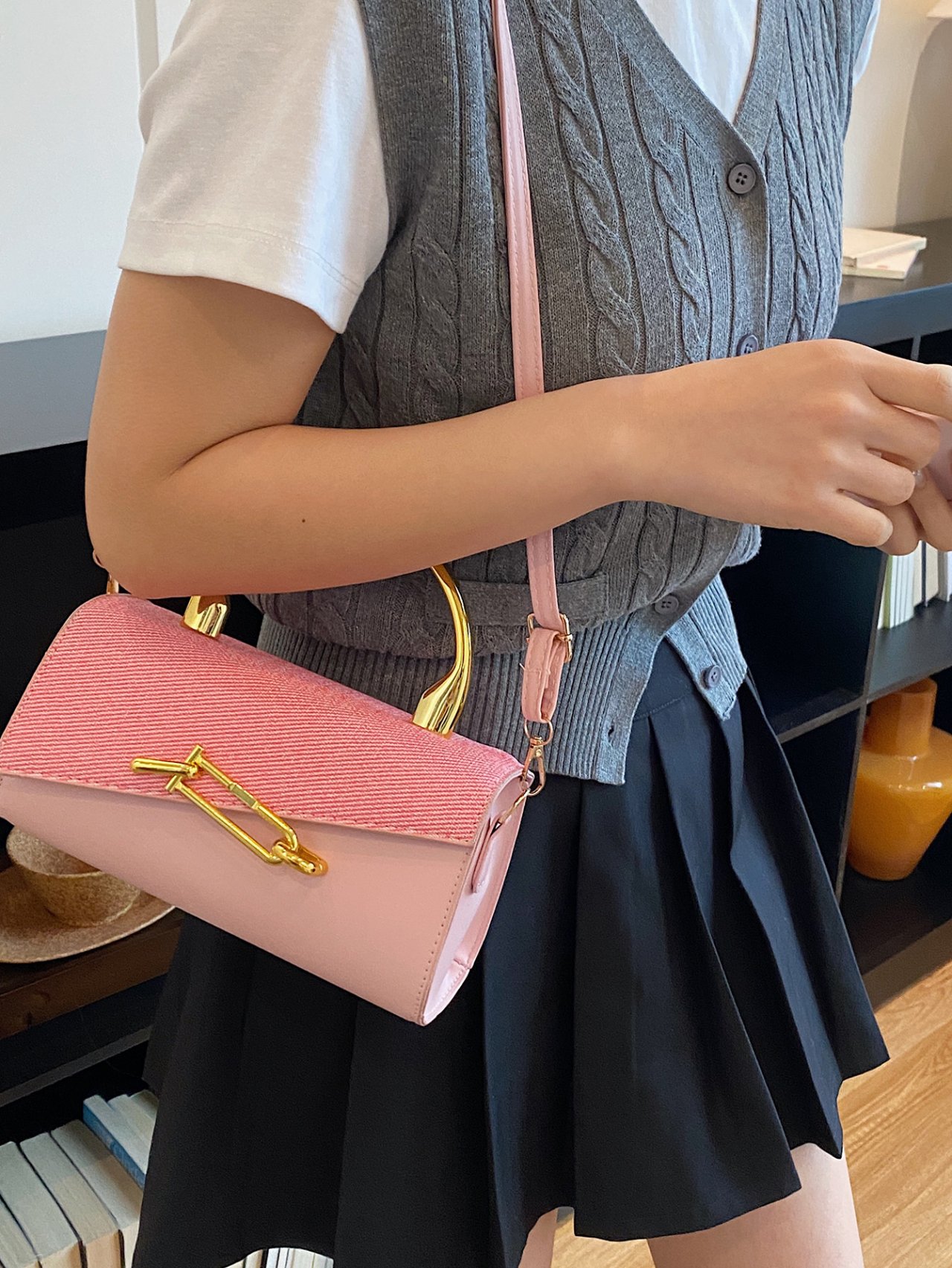 Pink Flap Crossbody Bag with Gold Handle