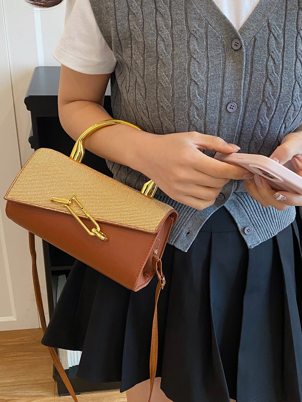 Flap Crossbody Bag with Gold Hardware
