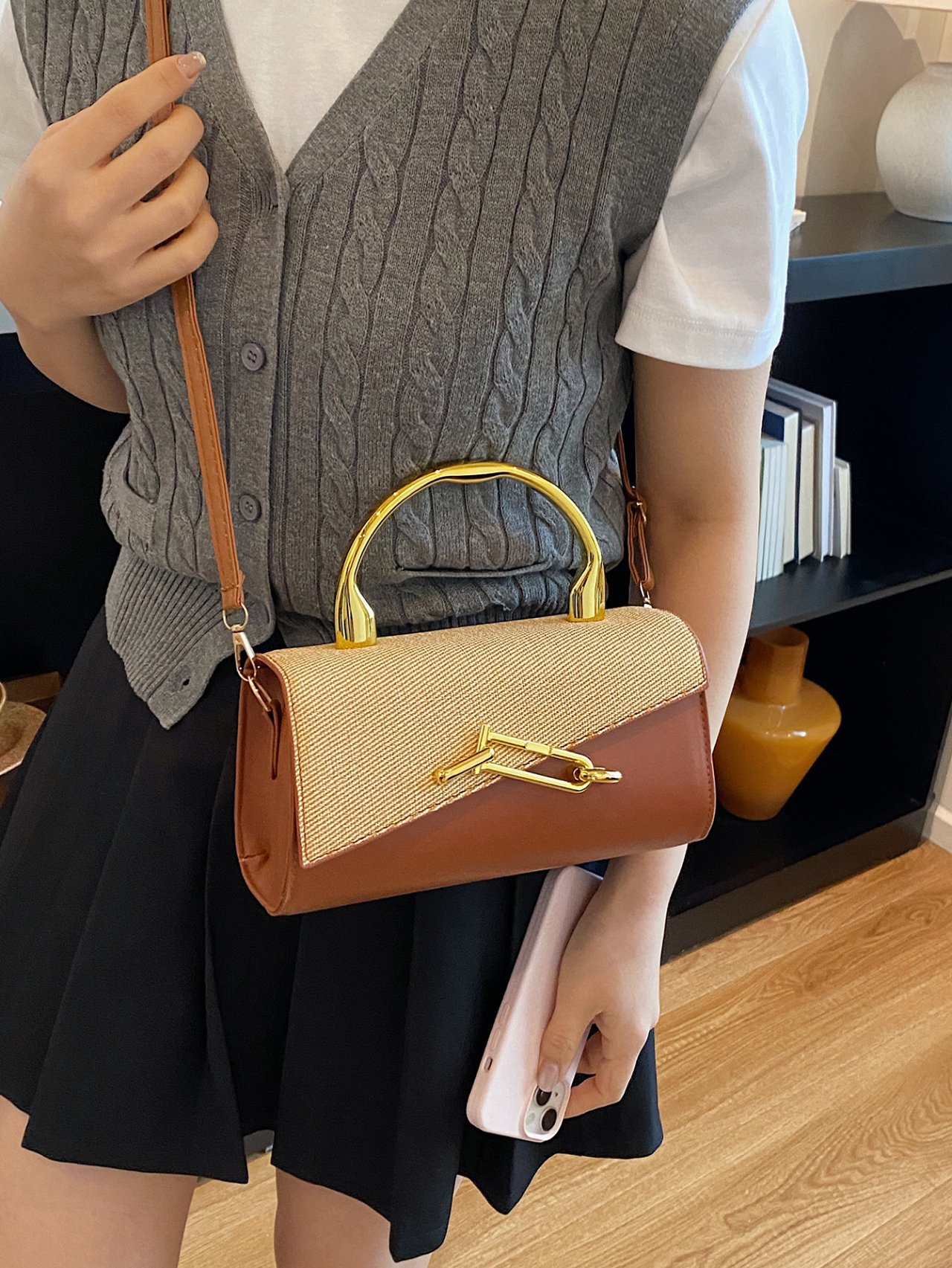 Flap Crossbody Bag with Gold Hardware