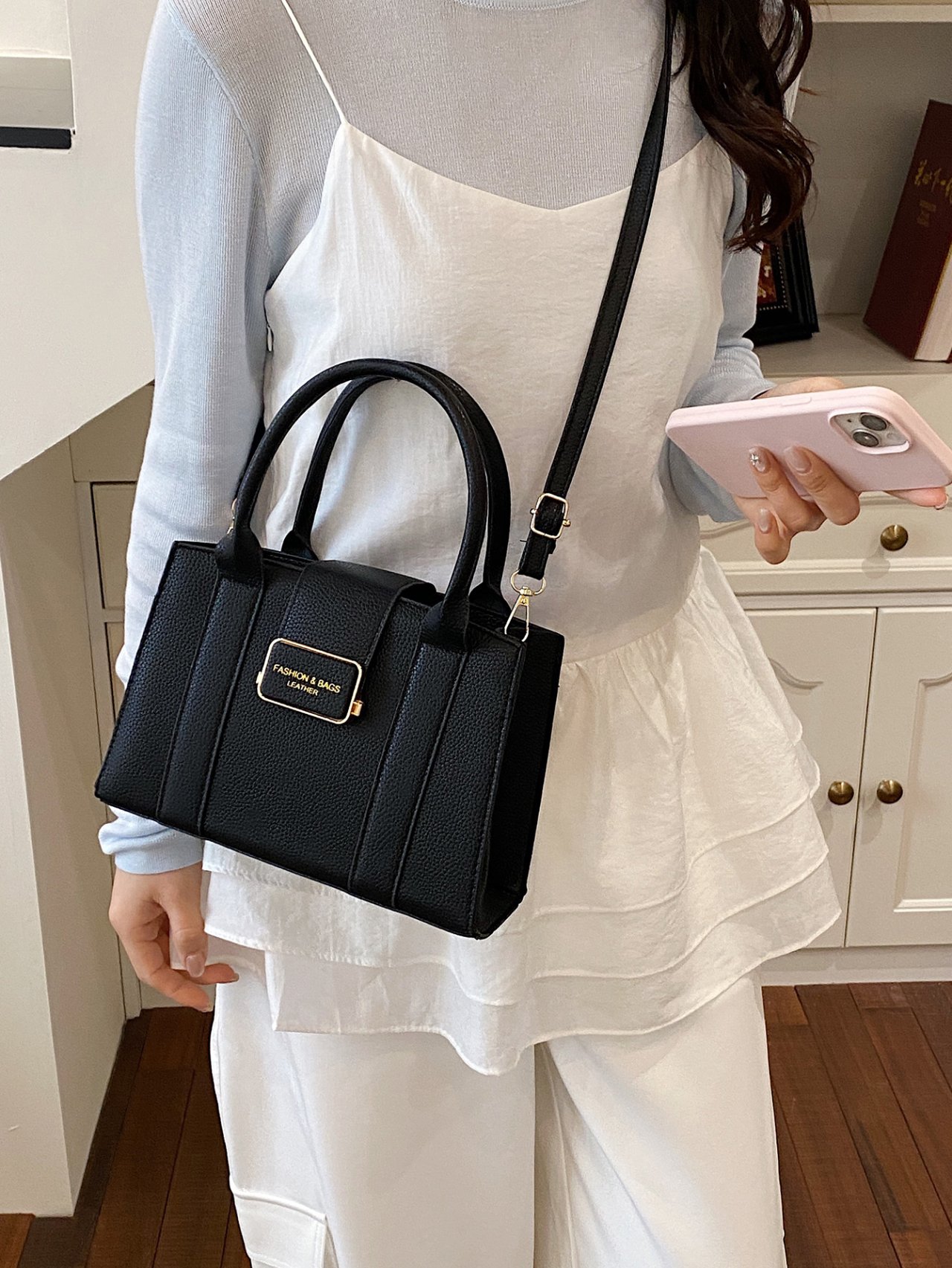 Black Faux Leather Crossbody with Strap
