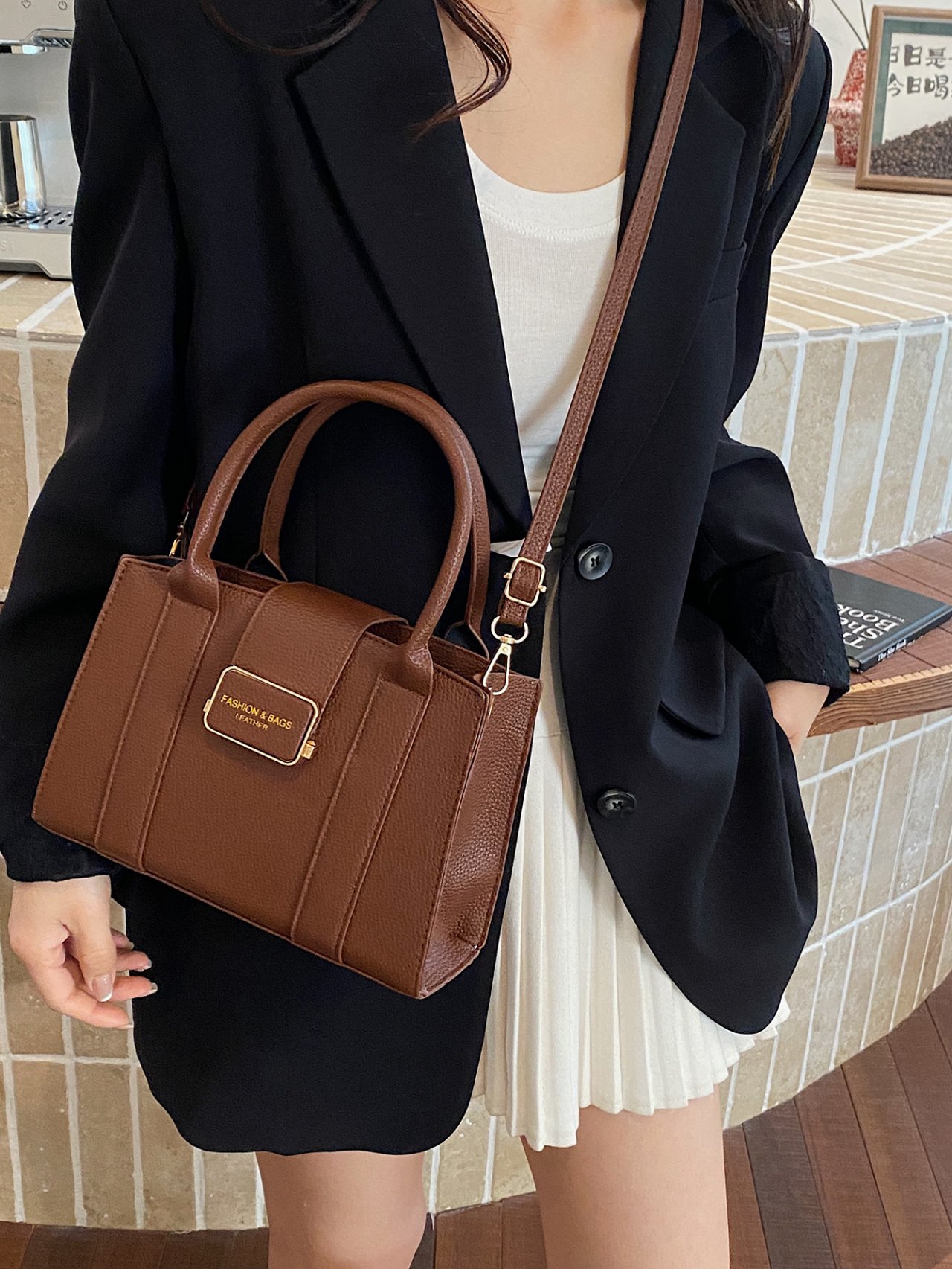 Coffee Brown Metal Badge Crossbody Bag