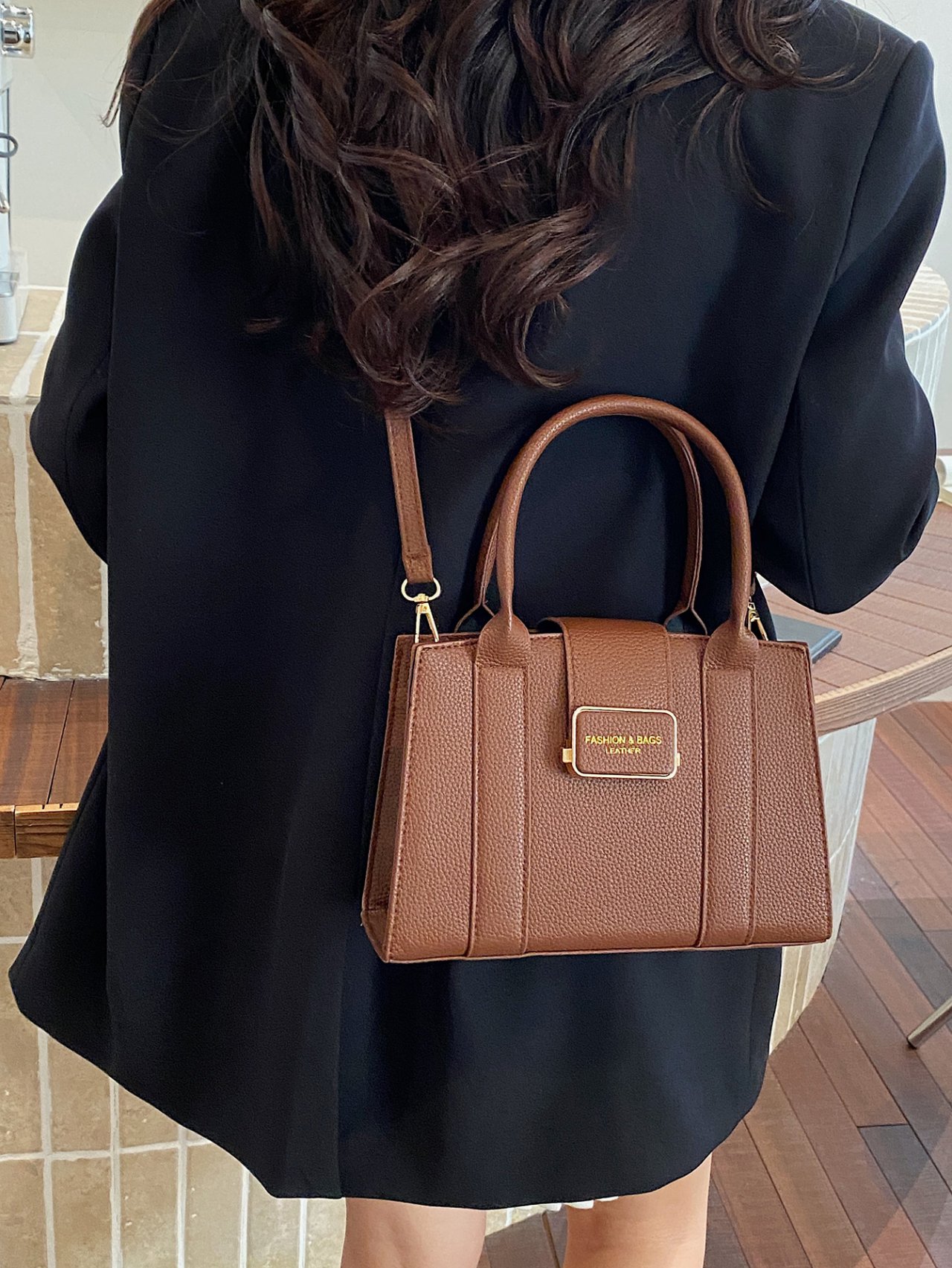 Coffee Brown Metal Badge Crossbody Bag